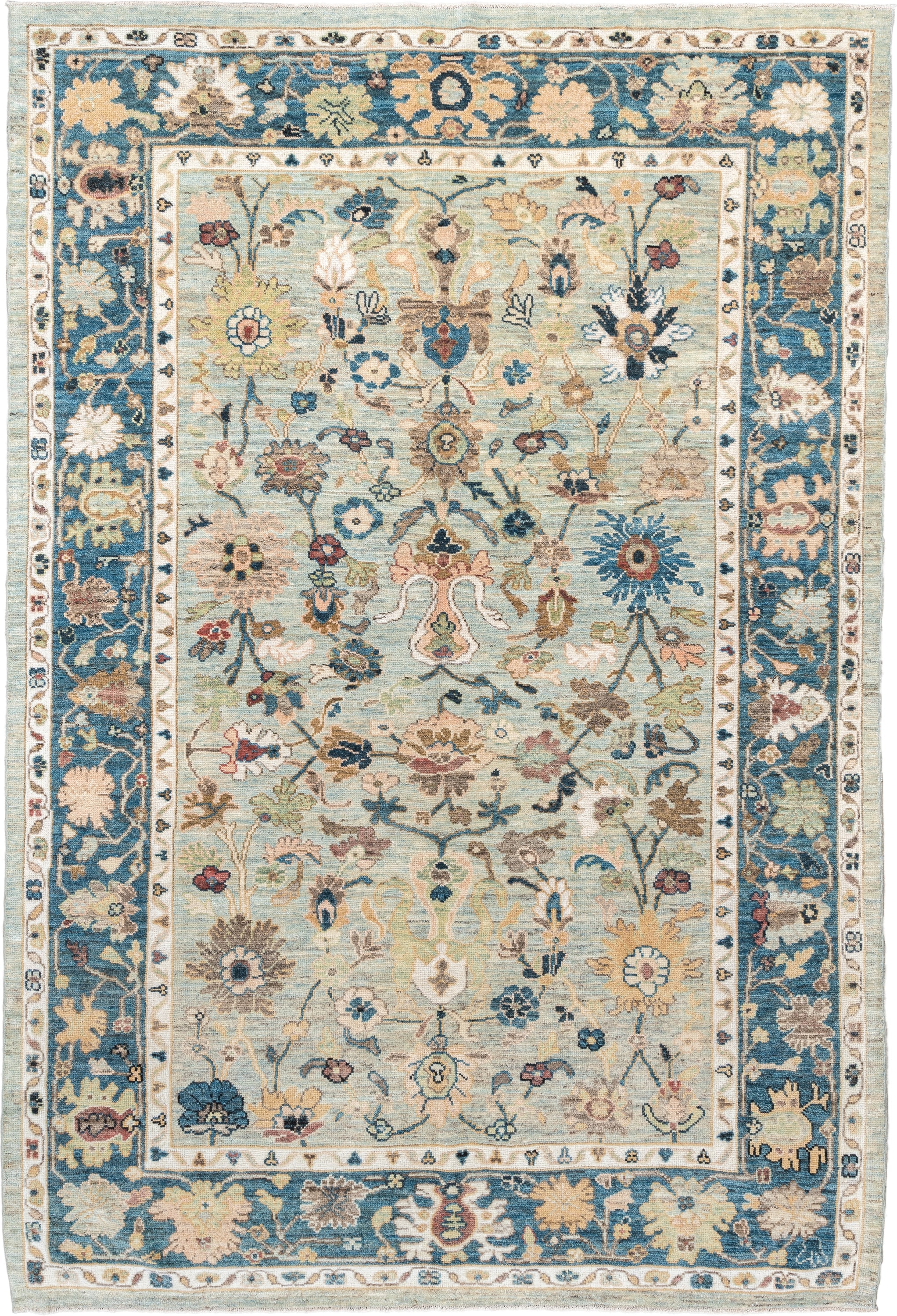 6' x 9' one-of-a-kind handmade vintage Sultanabad large size rug. Color palette: light blue, navy, ivory, taupe, beige, sage