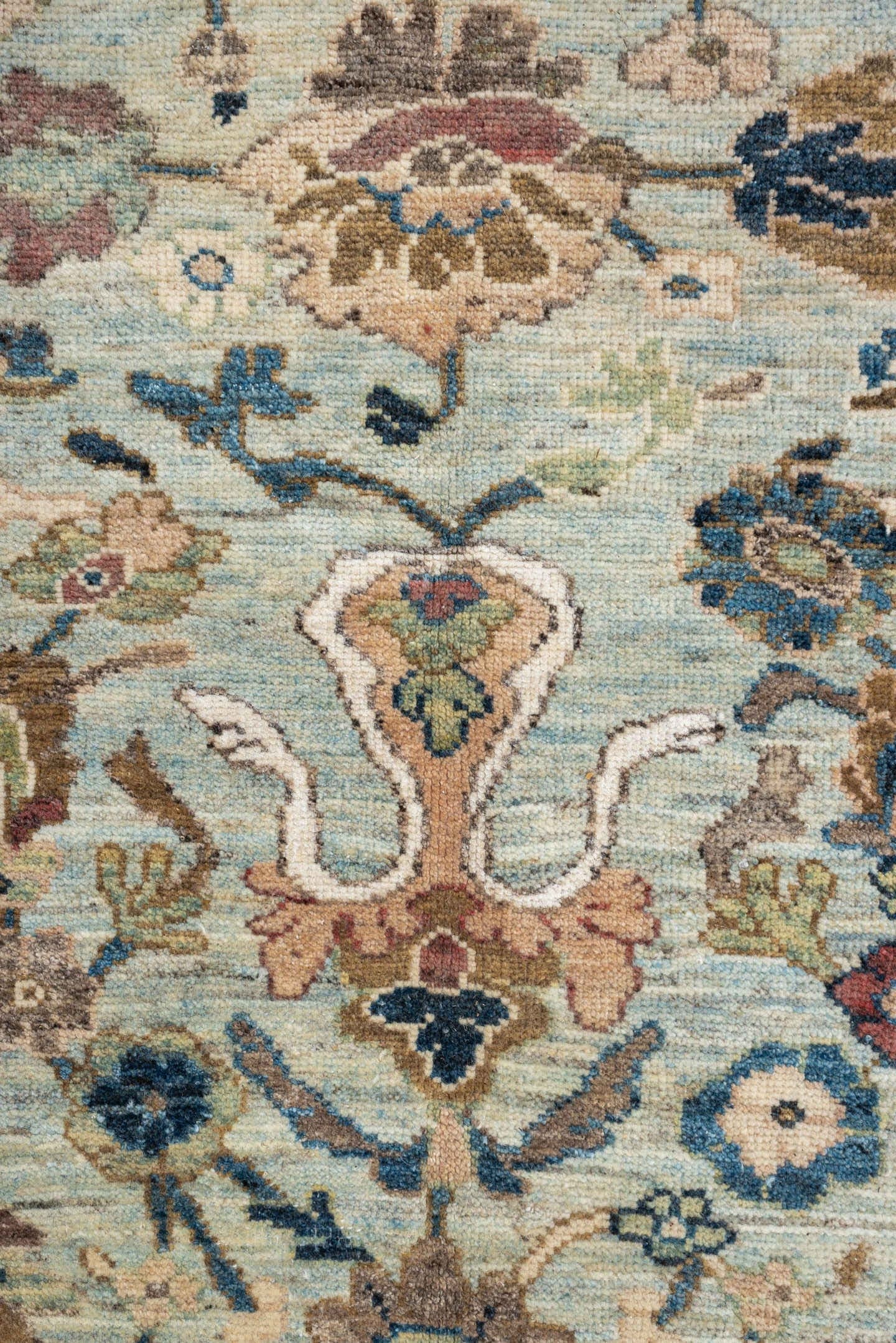 6' x 9' one-of-a-kind handmade vintage Sultanabad large size rug. Color palette: light blue, navy, ivory, taupe, beige, sage