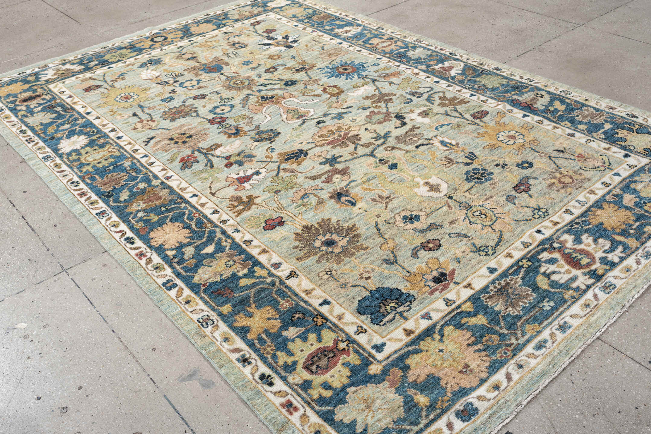 6' x 9' one-of-a-kind handmade vintage Sultanabad large size rug. Color palette: light blue, navy, ivory, taupe, beige, sage