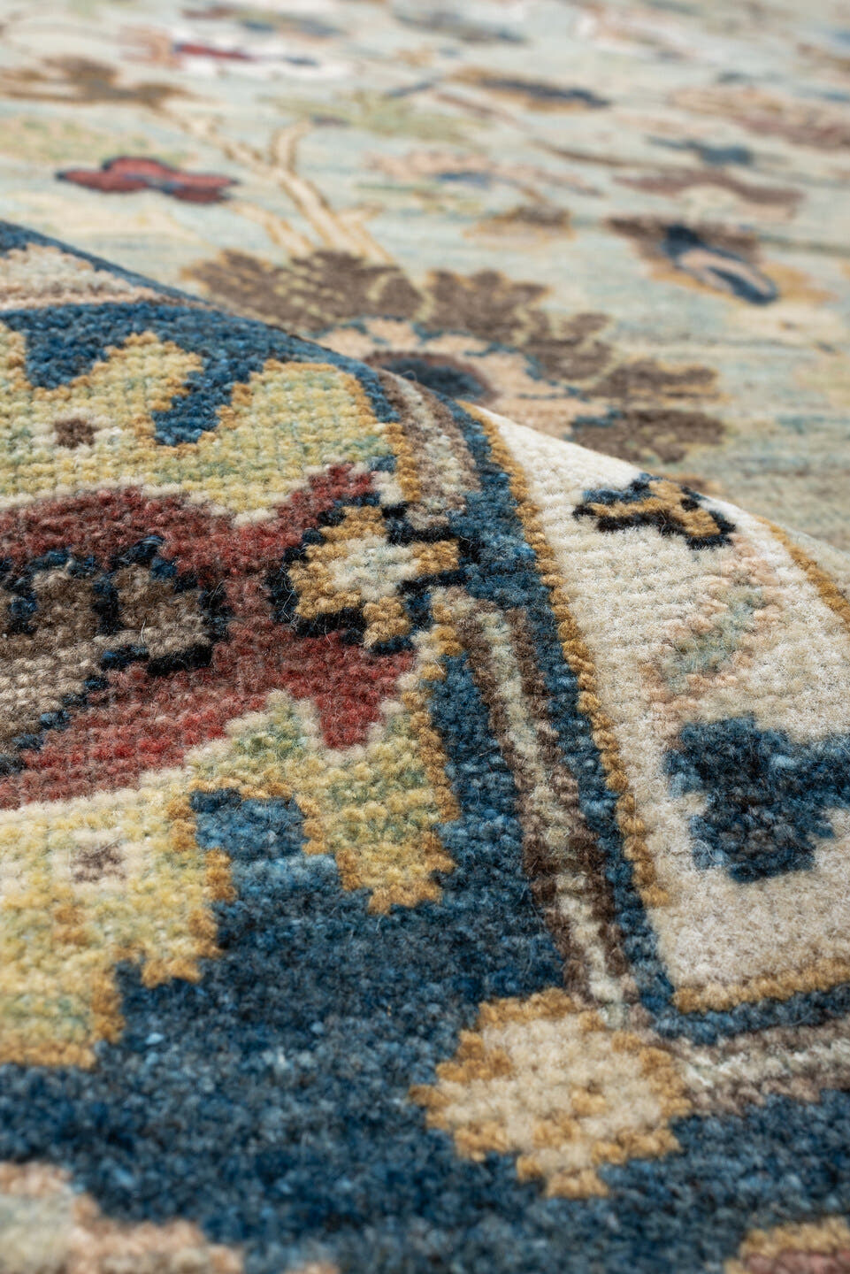 6' x 9' one-of-a-kind handmade vintage Sultanabad large size rug. Color palette: light blue, navy, ivory, taupe, beige, sage