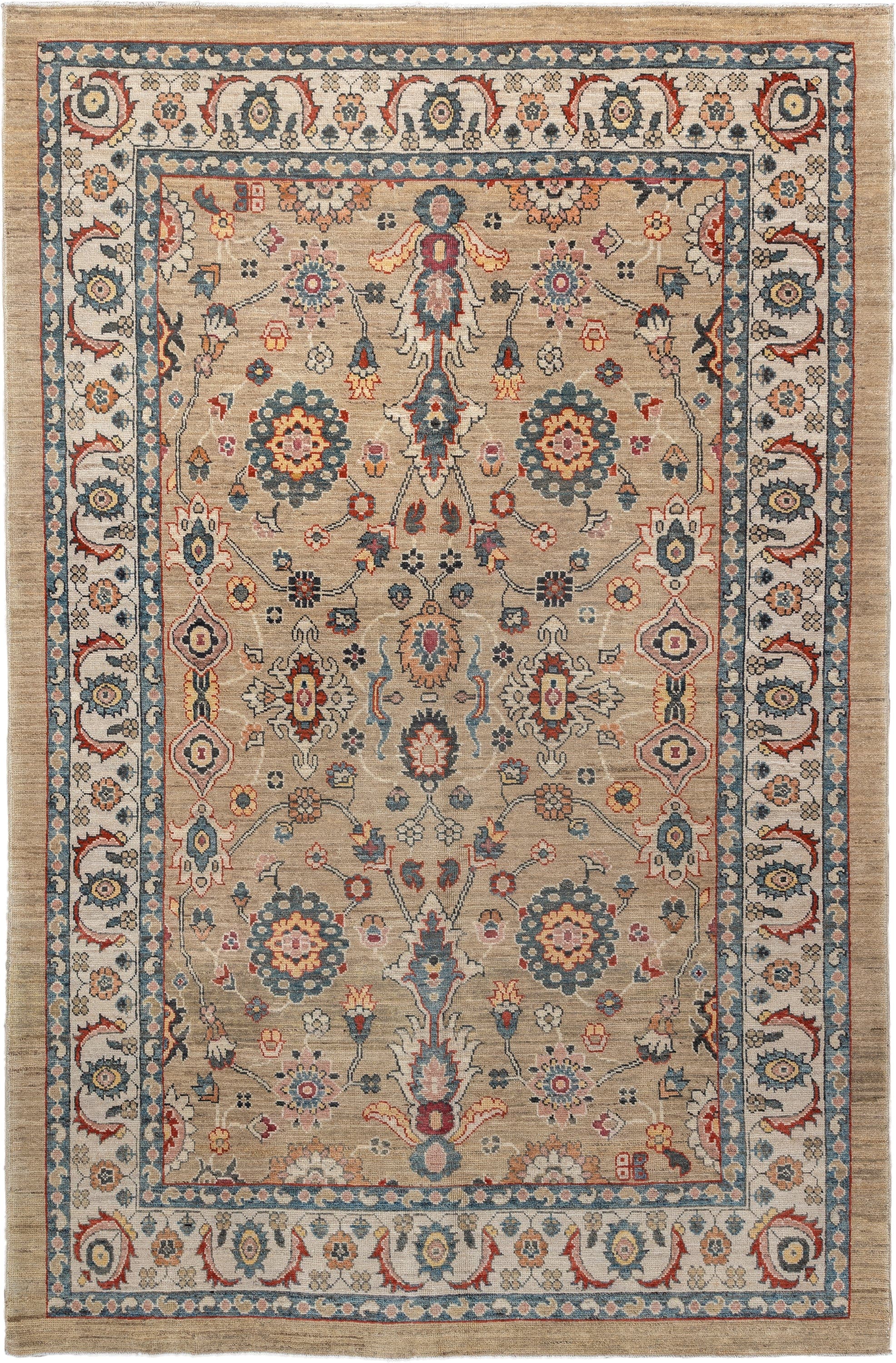 6' x 10' one-of-a-kind handmade vintage Sultanabad large size rug. Color palette: camel, ivory, indigo, rust, blush, slate