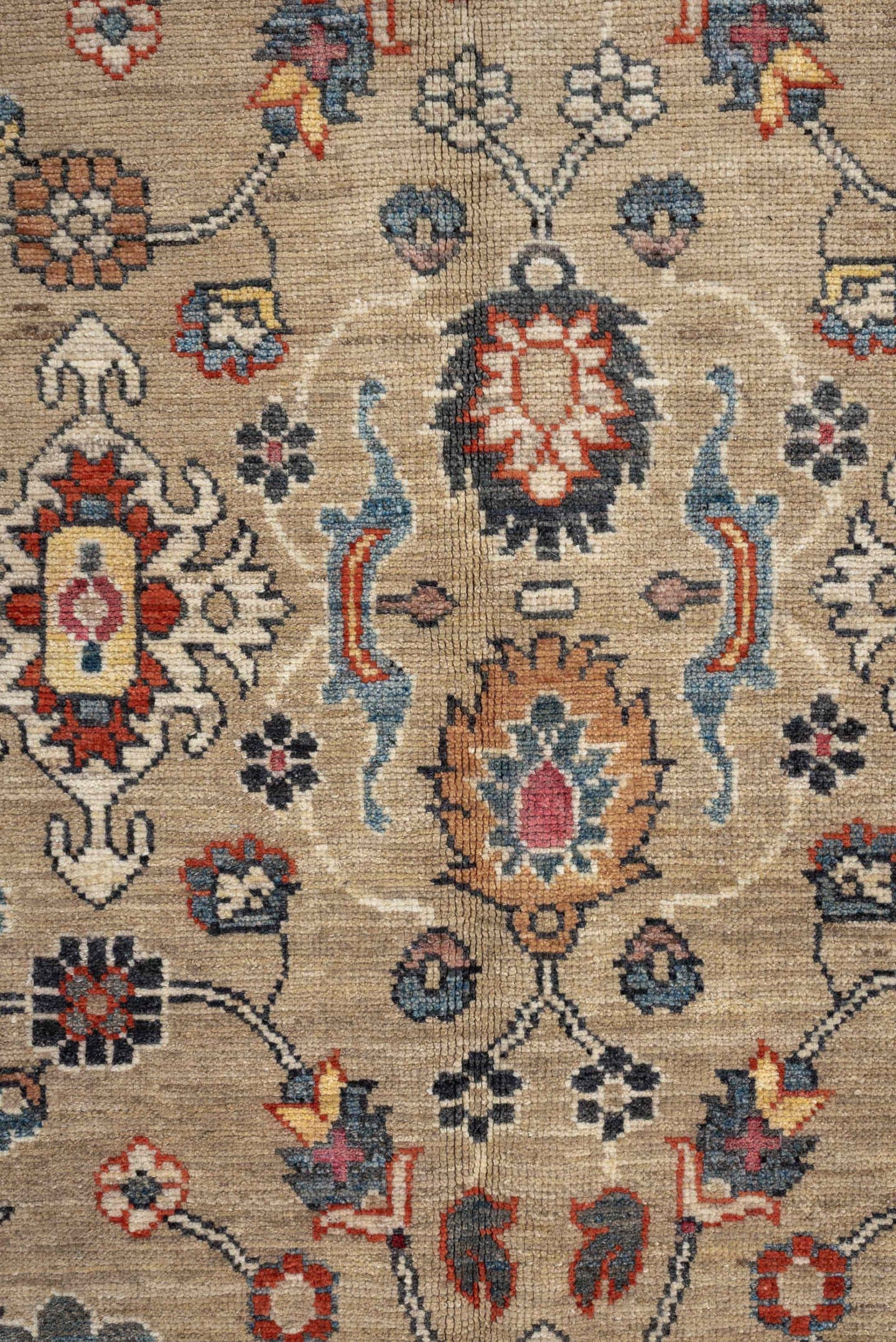6' x 10' one-of-a-kind handmade vintage Sultanabad large size rug. Color palette: camel, ivory, indigo, rust, blush, slate