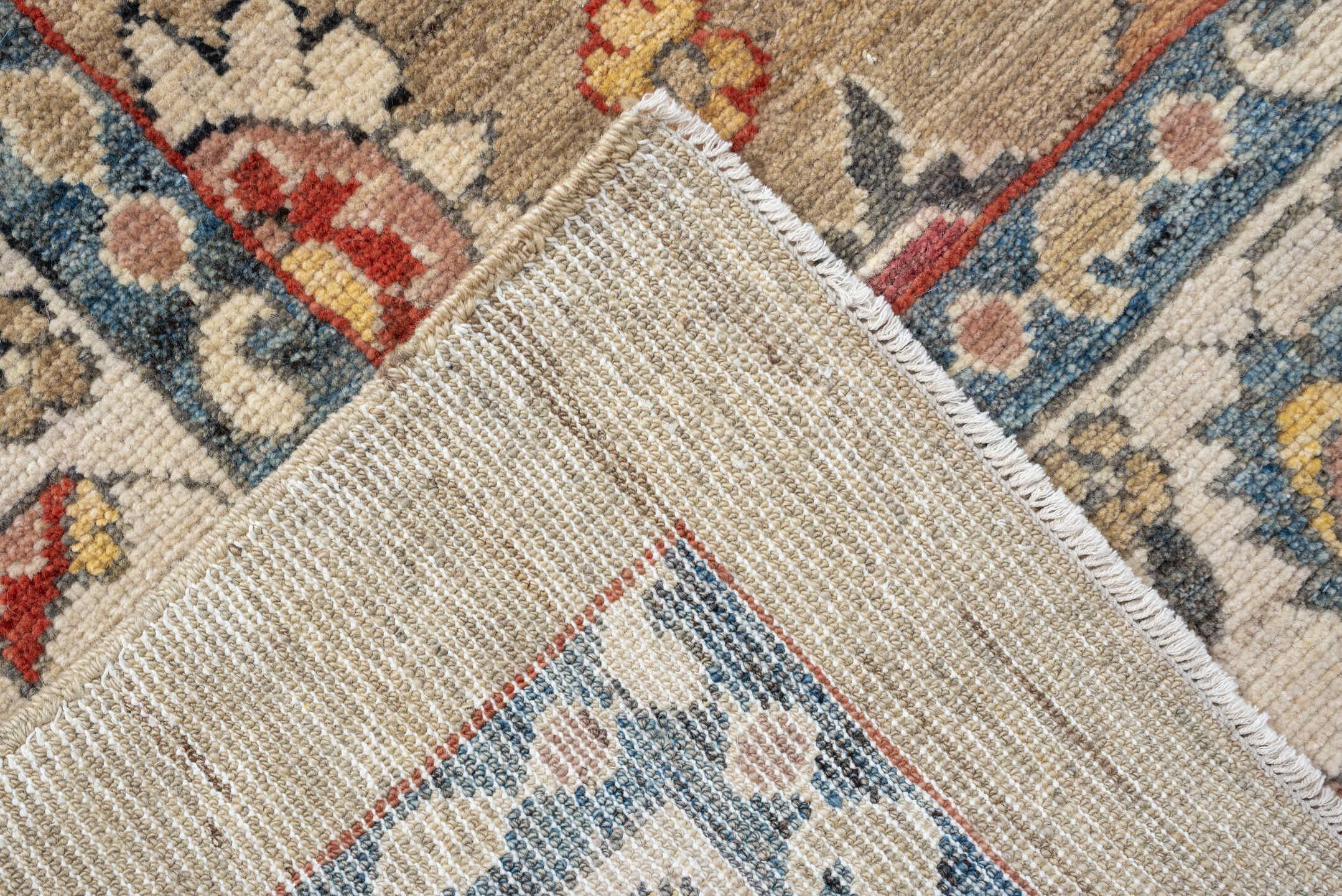6' x 10' one-of-a-kind handmade vintage Sultanabad large size rug. Color palette: camel, ivory, indigo, rust, blush, slate