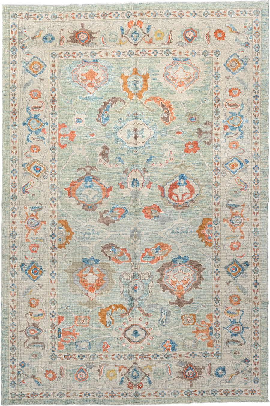 6' x 9' one-of-a-kind handmade vintage Sultanabad medium size rug. Color palette: pale aqua, ivory, coral, sky blue, taupe