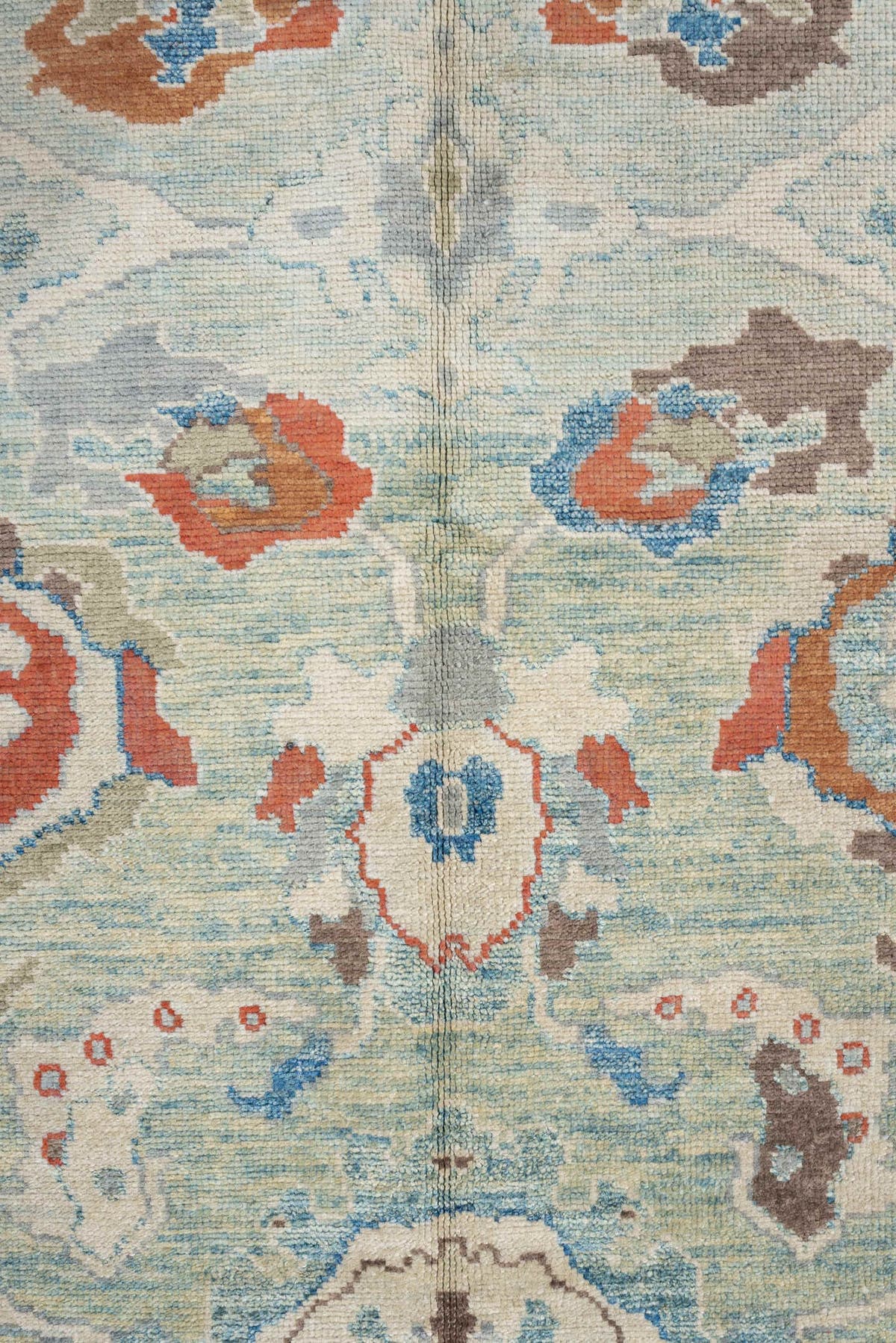 6' x 9' one-of-a-kind handmade vintage Sultanabad medium size rug. Color palette: pale aqua, ivory, coral, sky blue, taupe