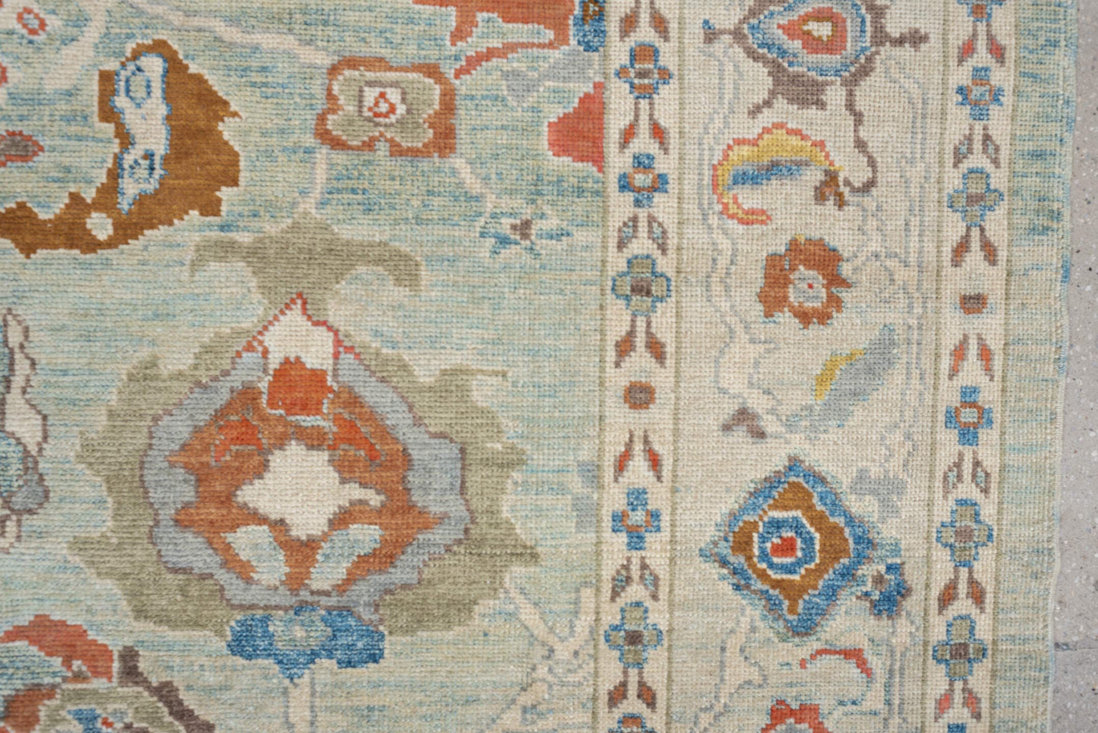 6' x 9' one-of-a-kind handmade vintage Sultanabad medium size rug. Color palette: pale aqua, ivory, coral, sky blue, taupe