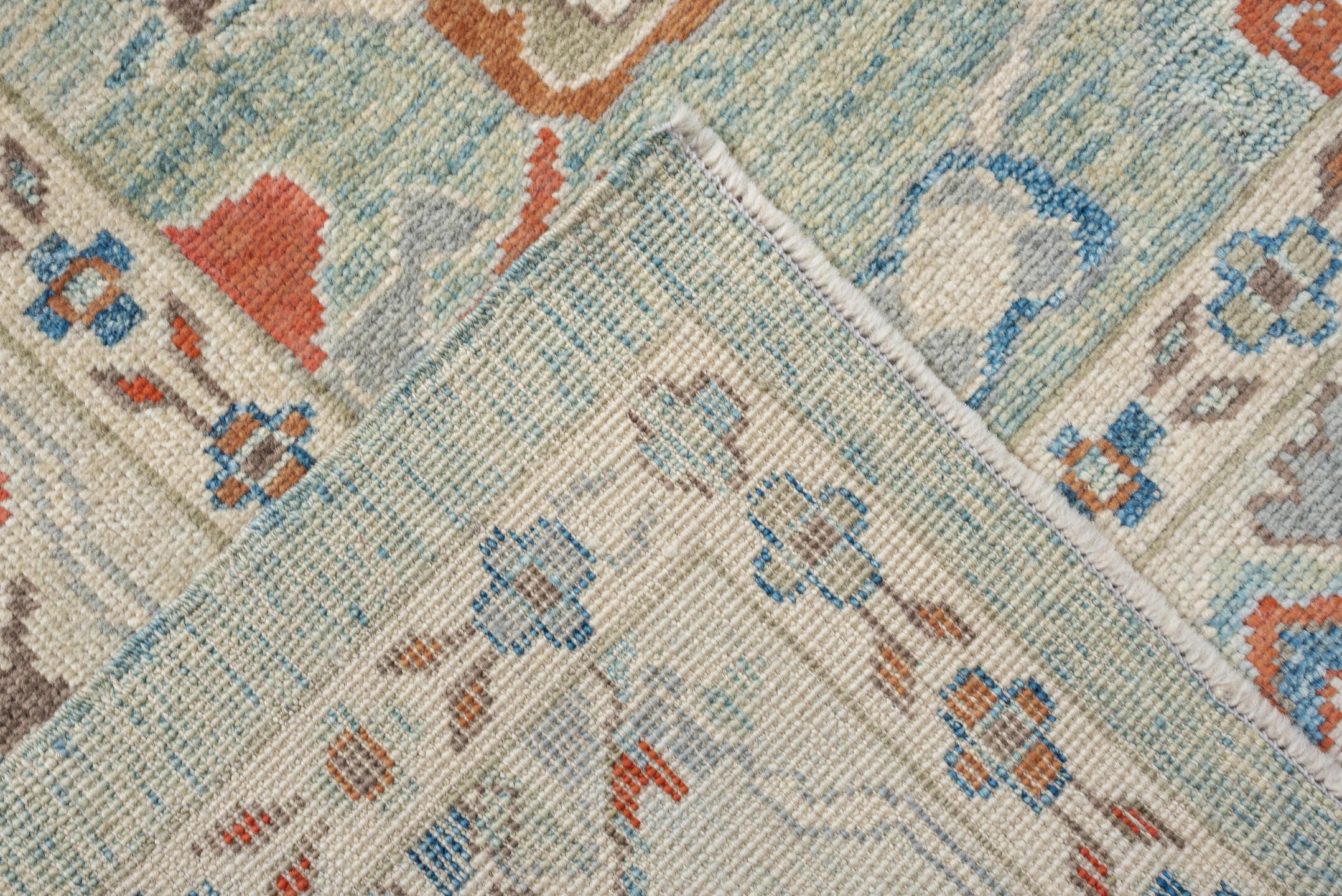 6' x 9' one-of-a-kind handmade vintage Sultanabad medium size rug. Color palette: pale aqua, ivory, coral, sky blue, taupe