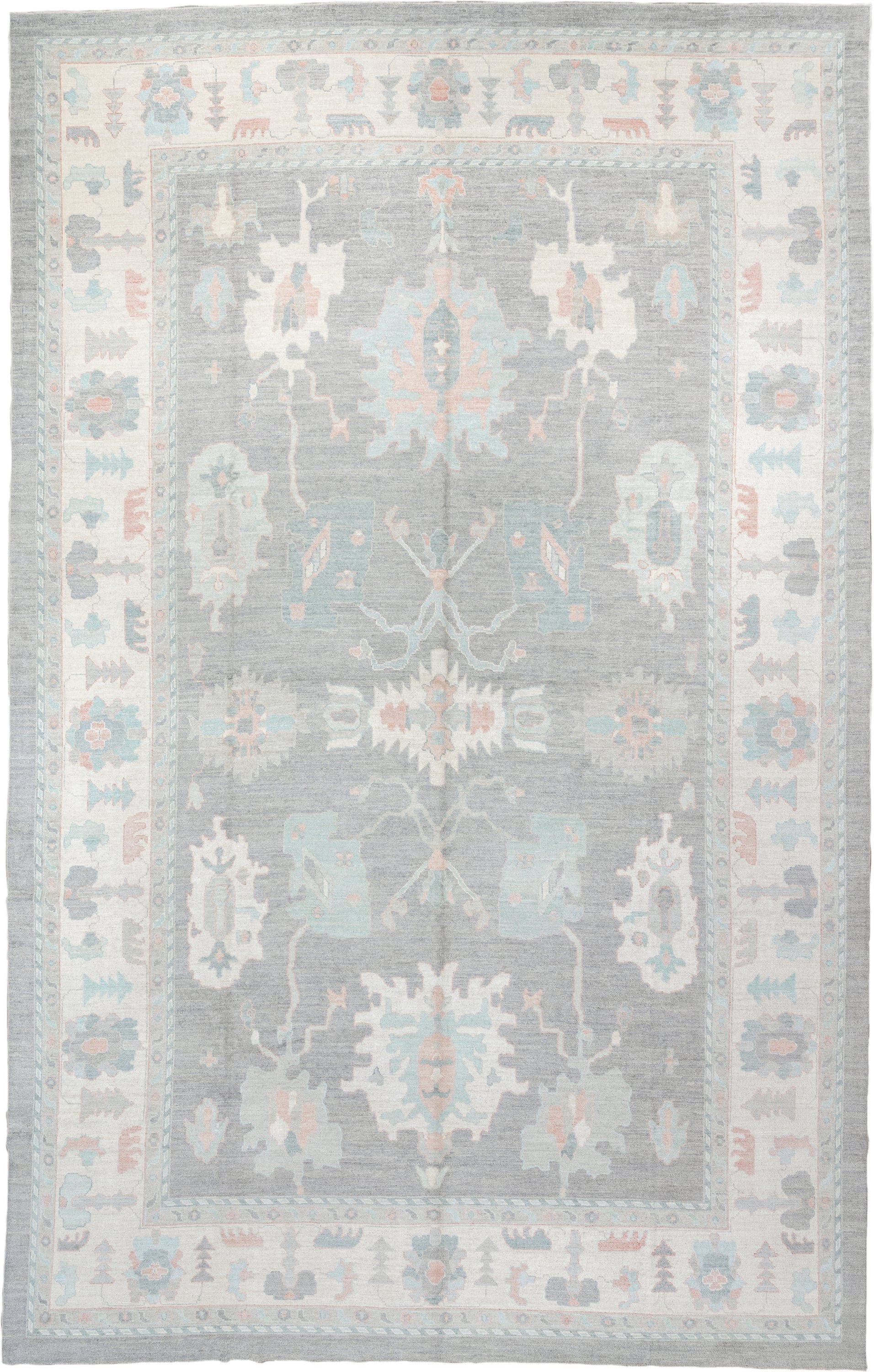 13' x 20' one-of-a-kind handmade vintage Oushak oversize rug. Color palette: pale blue, ivory, gray, blush, taupe