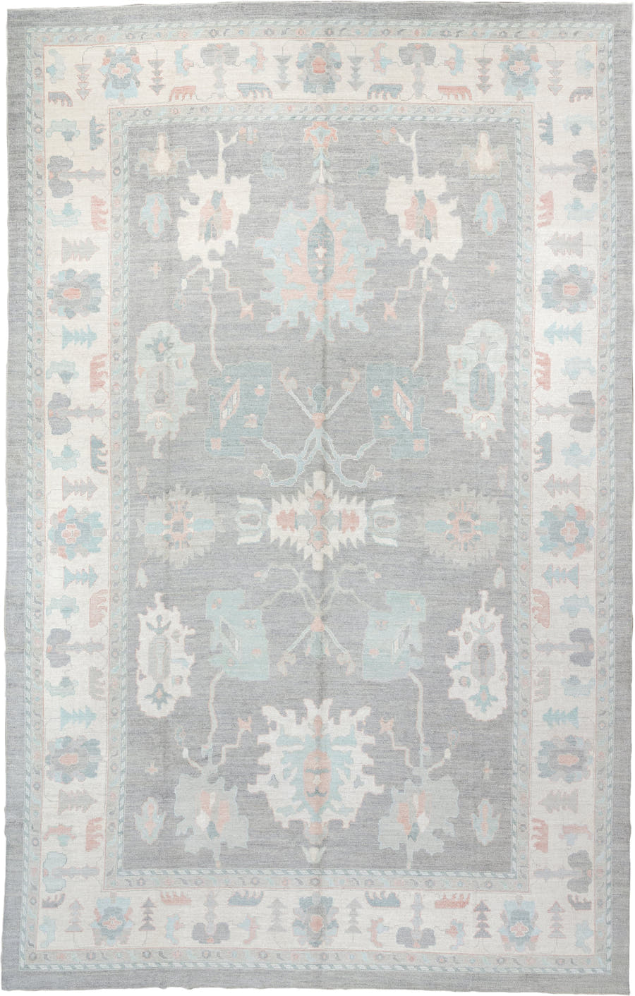 13' x 20' one-of-a-kind handmade vintage Oushak oversize rug. Color palette: pale blue, ivory, gray, blush, taupe