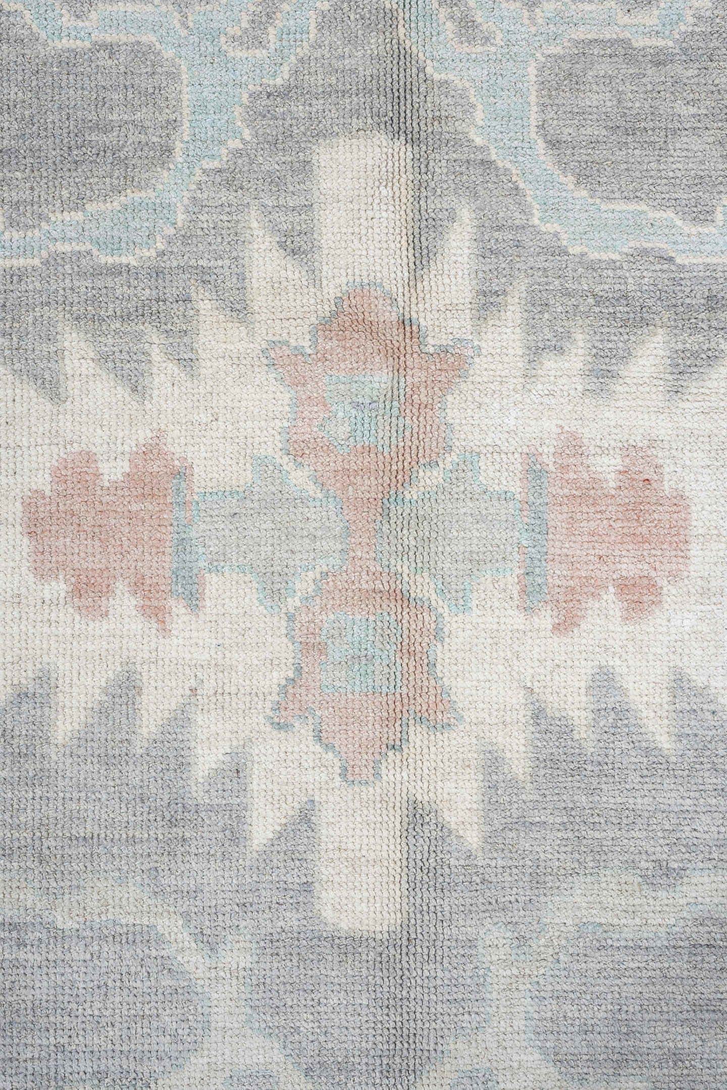 13' x 20' one-of-a-kind handmade vintage Oushak oversize rug. Color palette: pale blue, ivory, gray, blush, taupe