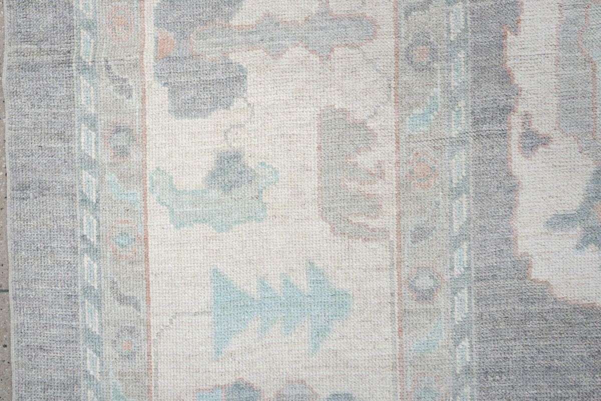 13' x 20' one-of-a-kind handmade vintage Oushak oversize rug. Color palette: pale blue, ivory, gray, blush, taupe