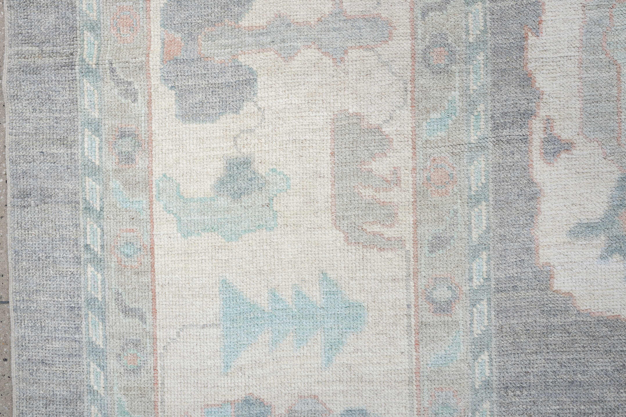 13' x 20' one-of-a-kind handmade vintage Oushak oversize rug. Color palette: pale blue, ivory, gray, blush, taupe
