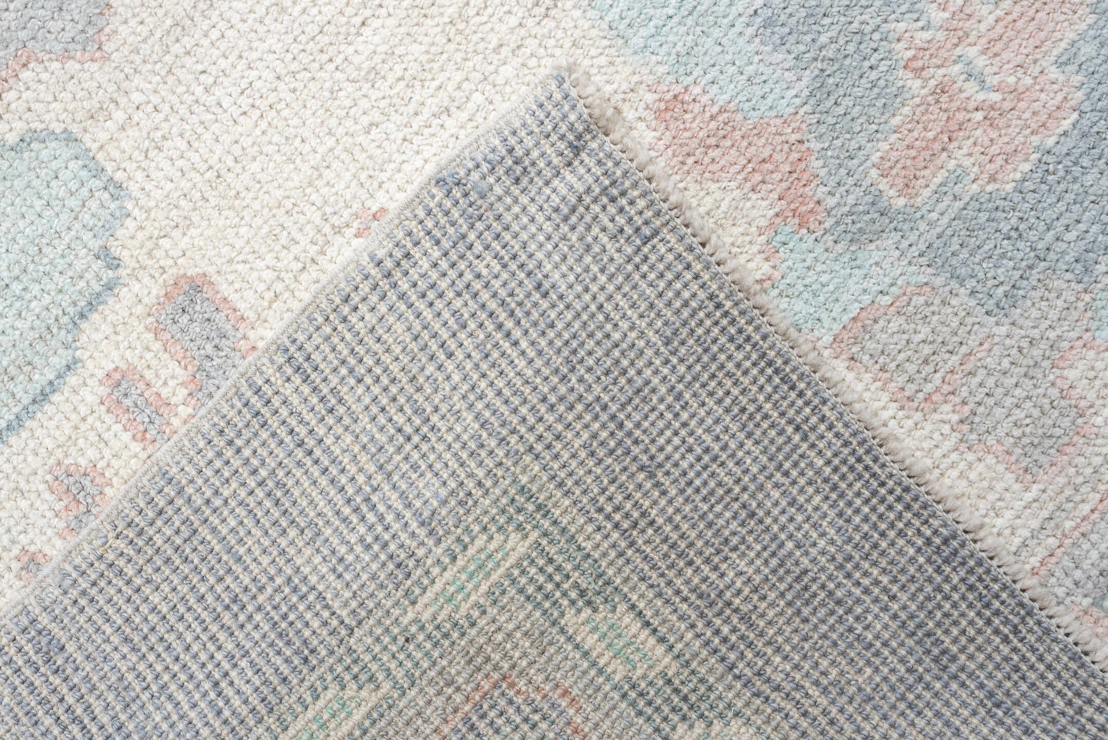 13' x 20' one-of-a-kind handmade vintage Oushak oversize rug. Color palette: pale blue, ivory, gray, blush, taupe