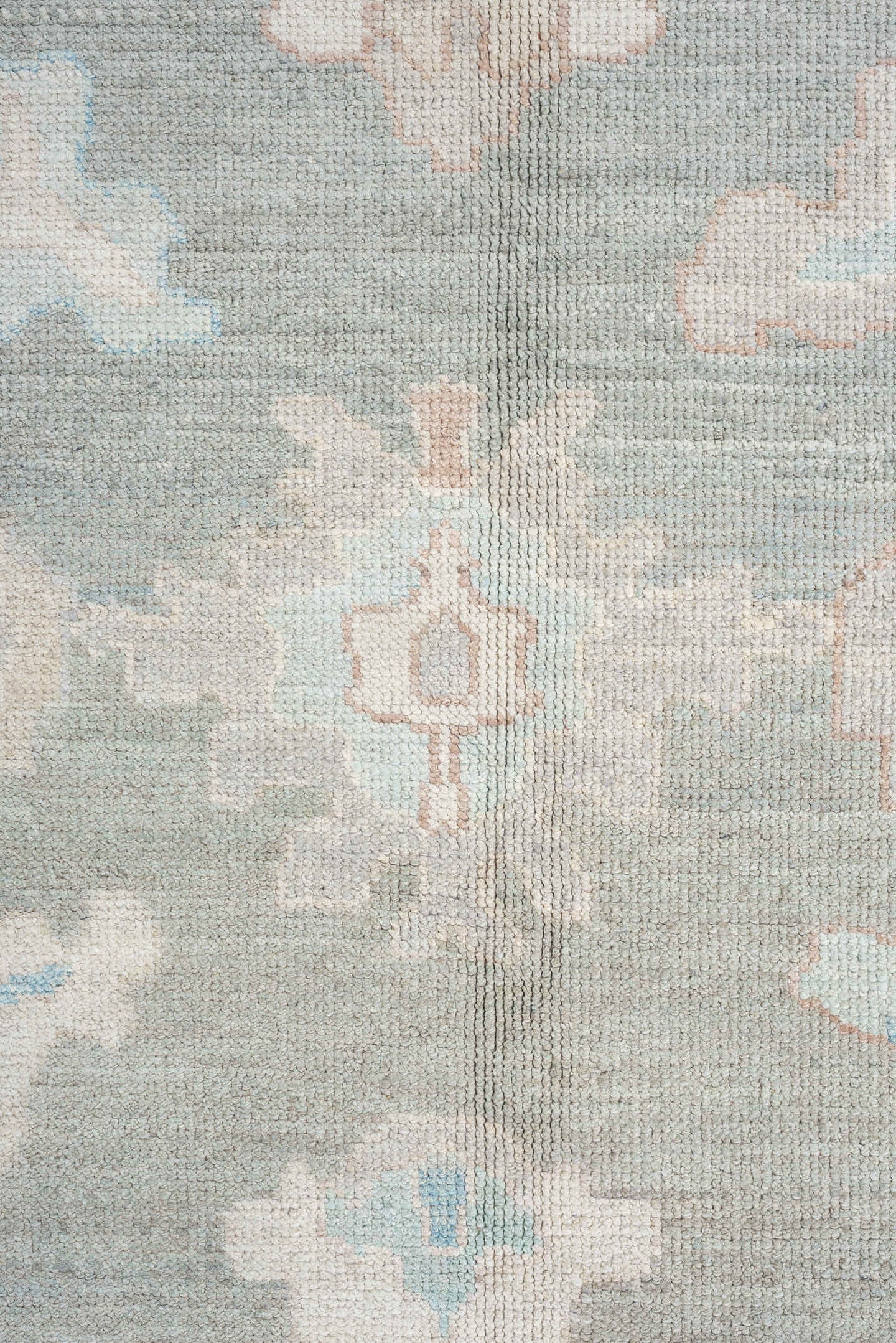 13' x 17' one-of-a-kind handmade vintage Oushak oversize rug. Color palette: pale blue, ivory, taupe, blush, cream, sky blue