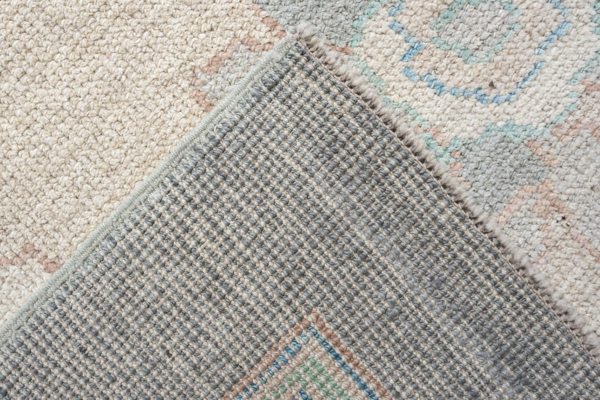 13' x 17' one-of-a-kind handmade vintage Oushak oversize rug. Color palette: pale blue, ivory, taupe, blush, cream, sky blue