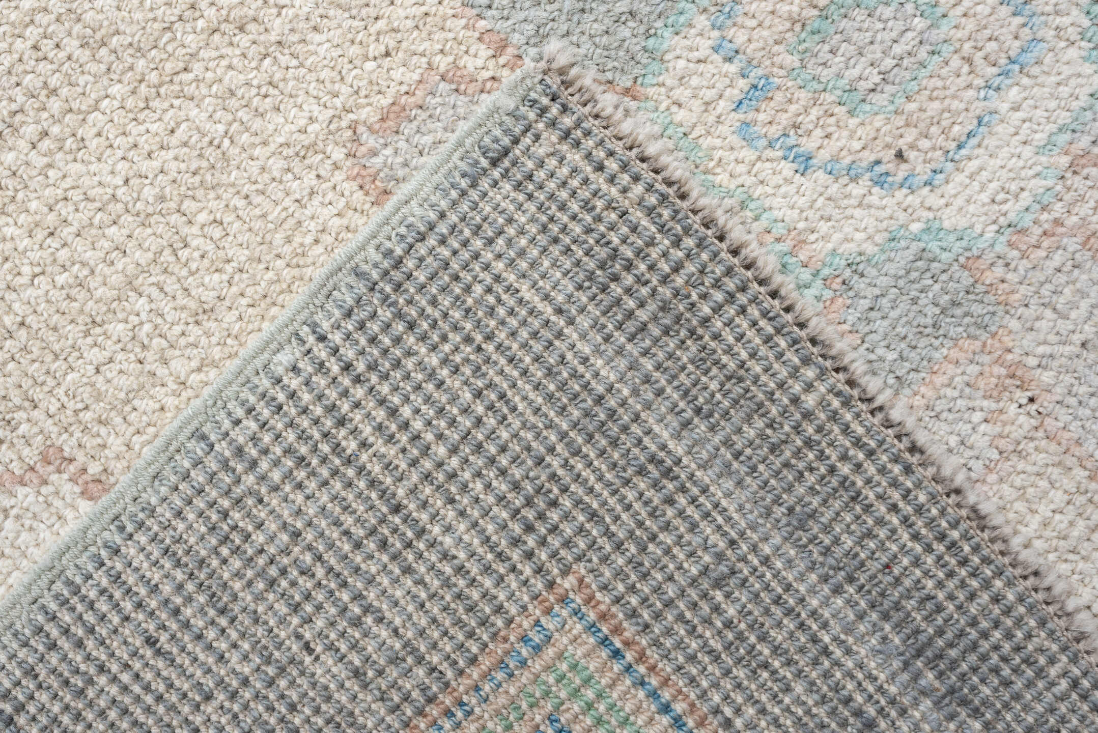 13' x 17' one-of-a-kind handmade vintage Oushak oversize rug. Color palette: pale blue, ivory, taupe, blush, cream, sky blue