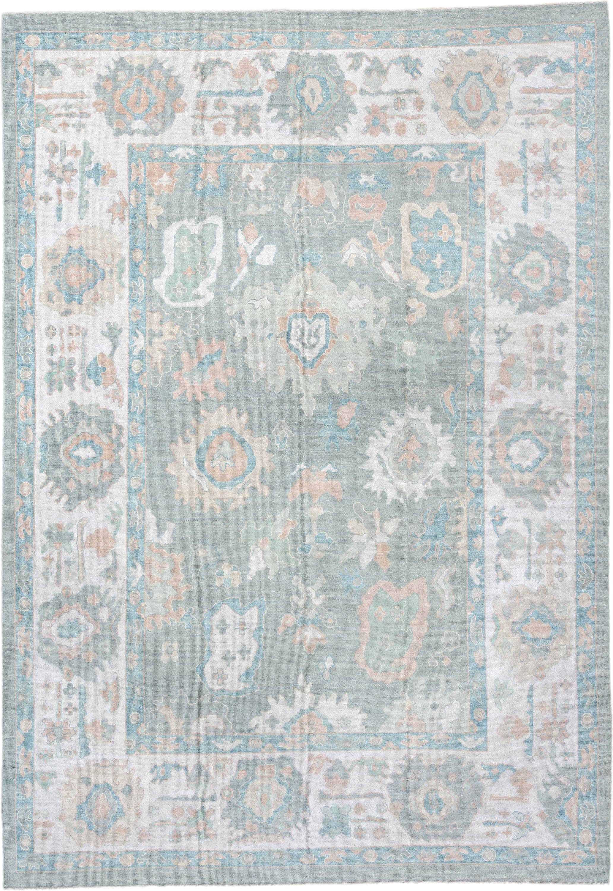 10' x 14' one-of-a-kind handmade vintage Oushak large size rug. Color palette: pale aqua, ivory, blush, sage, taupe, cream