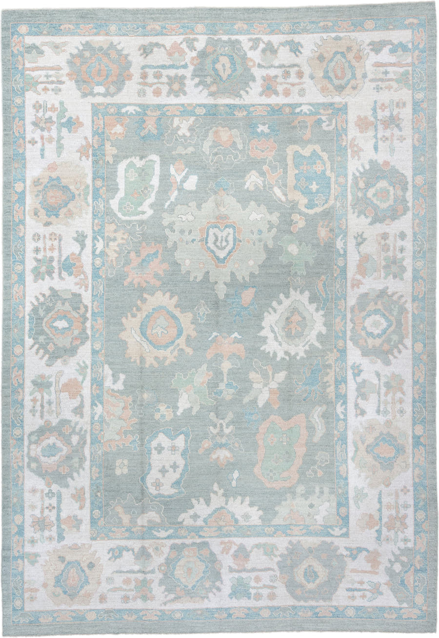 10' x 14' one-of-a-kind handmade vintage Oushak large size rug. Color palette: pale aqua, ivory, blush, sage, taupe, cream