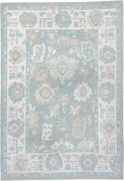 10' x 14' one-of-a-kind handmade vintage Oushak large size rug. Color palette: pale aqua, ivory, blush, sage, taupe, cream