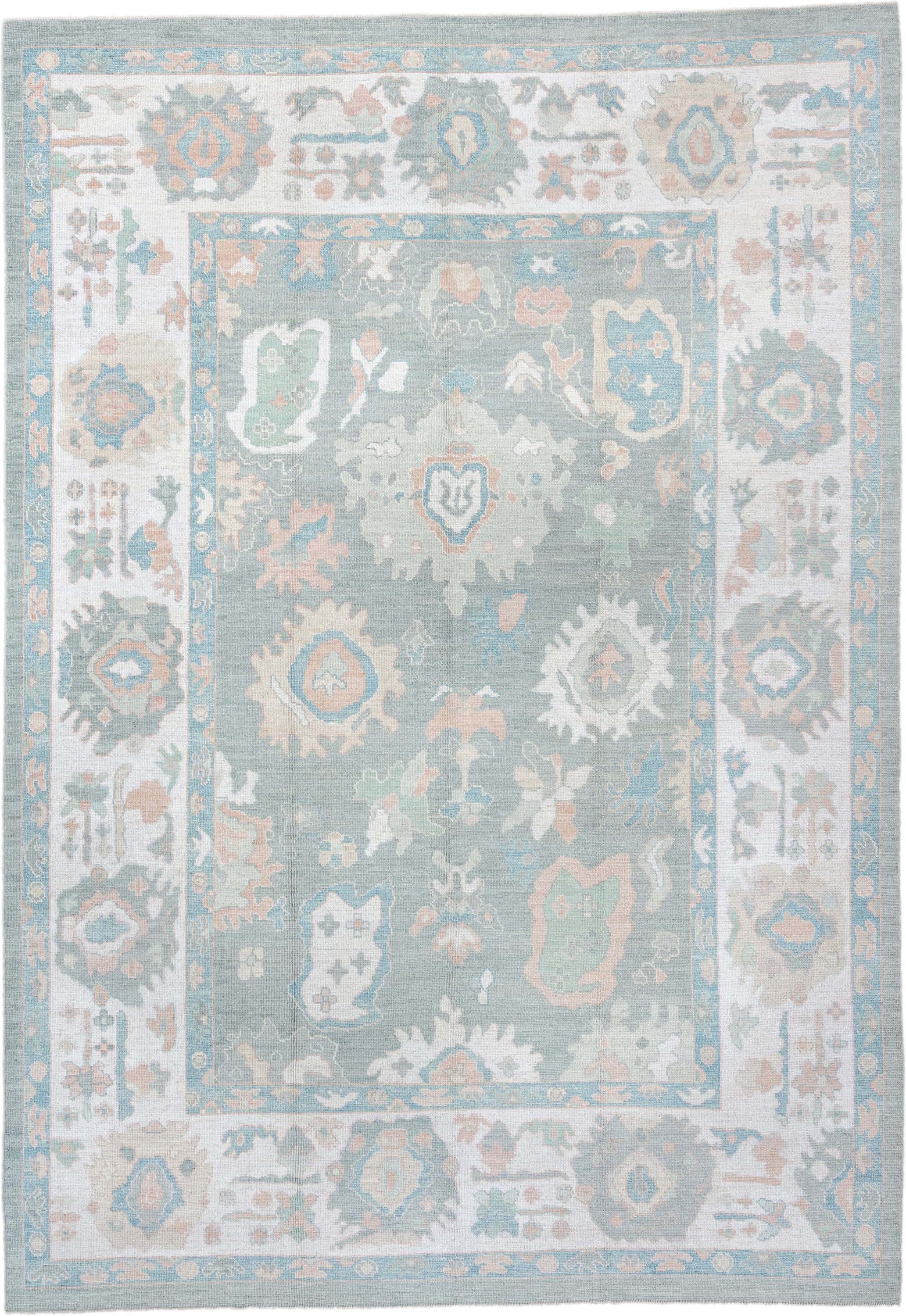 10' x 14' one-of-a-kind handmade vintage Oushak large size rug. Color palette: pale aqua, ivory, blush, sage, taupe, cream