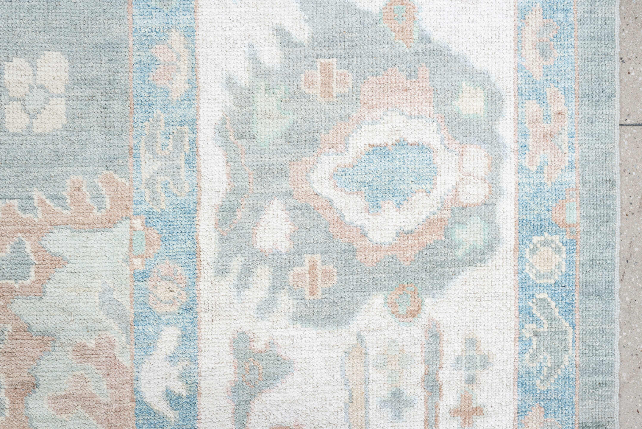 10' x 14' one-of-a-kind handmade vintage Oushak large size rug. Color palette: pale aqua, ivory, blush, sage, taupe, cream
