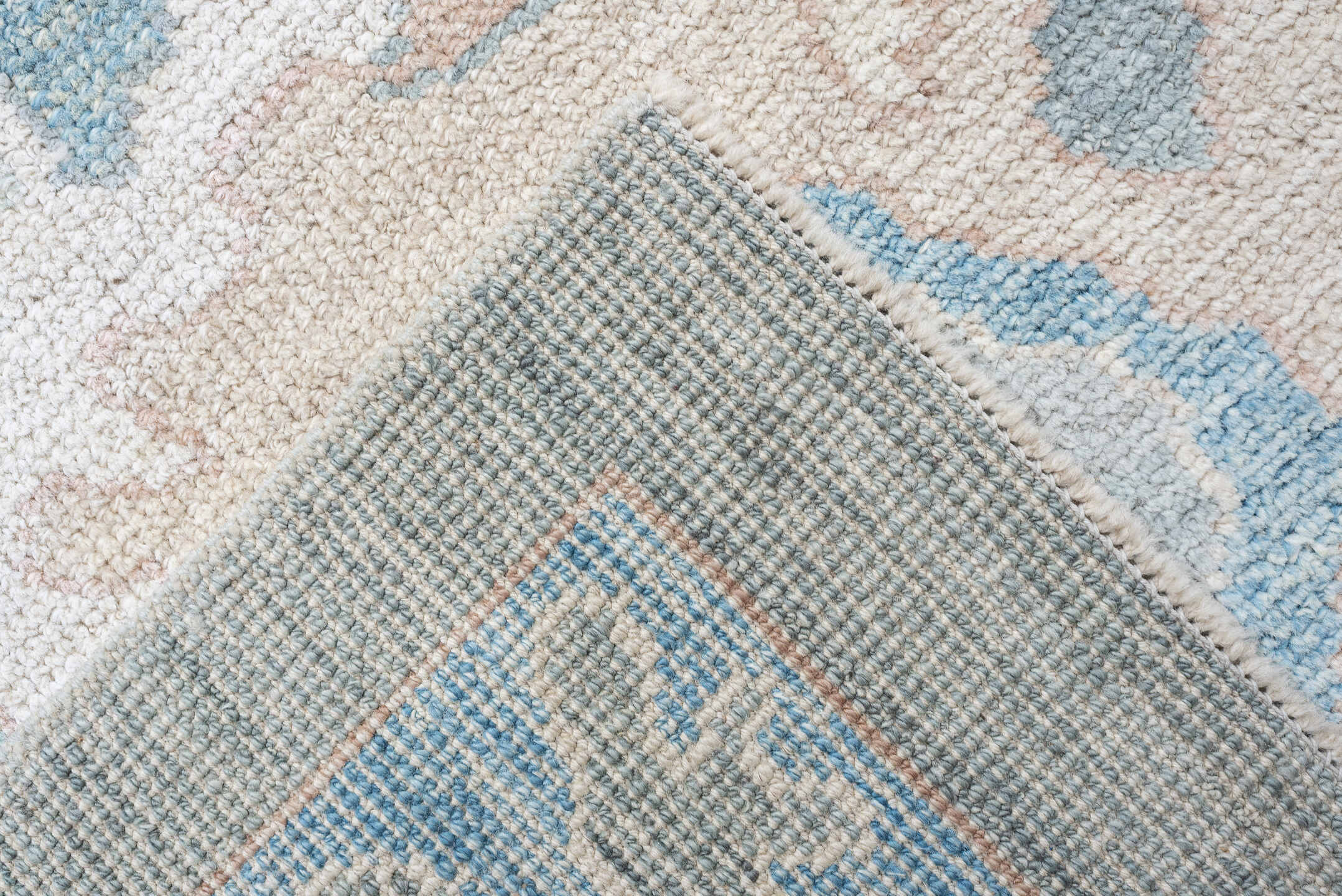 10' x 14' one-of-a-kind handmade vintage Oushak large size rug. Color palette: pale aqua, ivory, blush, sage, taupe, cream