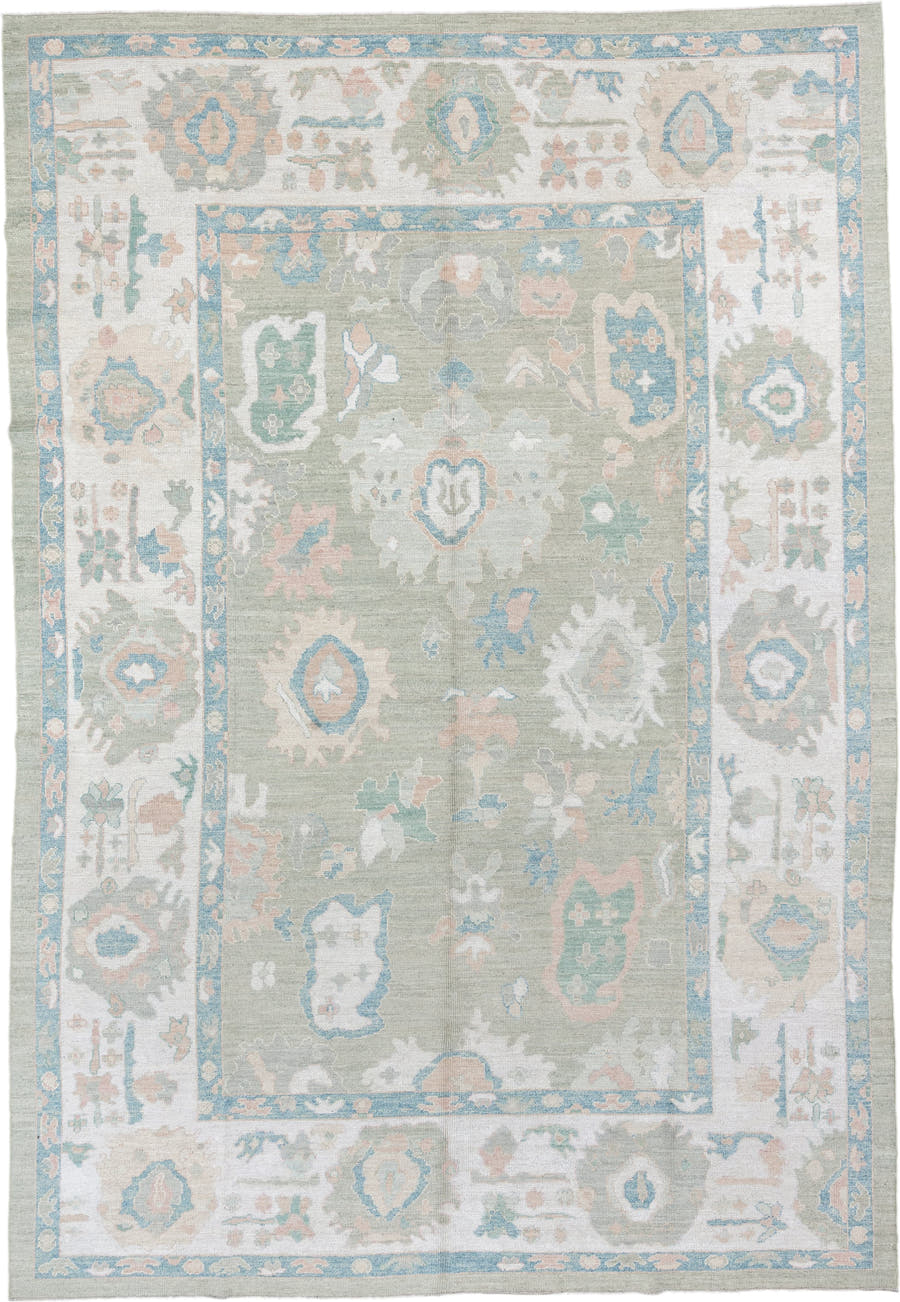 9' x 14' one-of-a-kind handmade vintage Oushak large size rug. Color palette: sage, ivory, sky blue, blush, taupe, cream