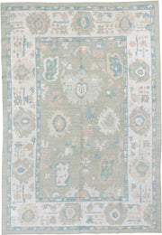 9' x 14' one-of-a-kind handmade vintage Oushak large size rug. Color palette: sage, ivory, sky blue, blush, taupe, cream