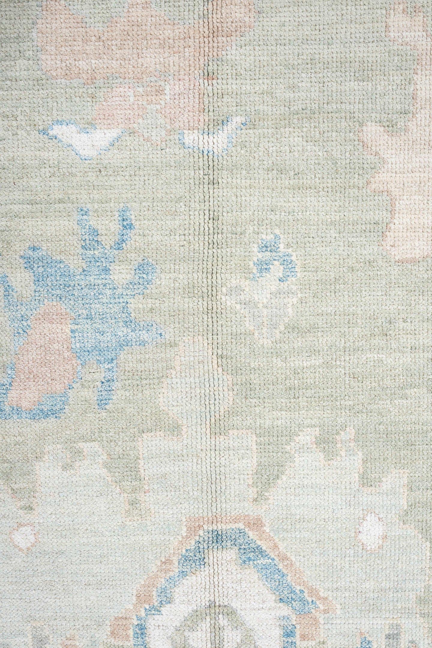 9' x 14' one-of-a-kind handmade vintage Oushak large size rug. Color palette: sage, ivory, sky blue, blush, taupe, cream