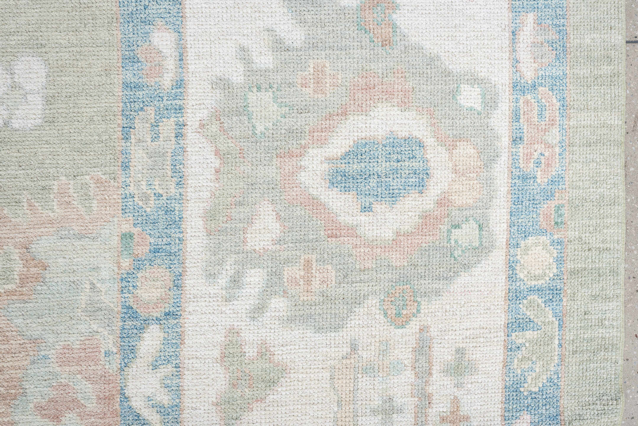 9' x 14' one-of-a-kind handmade vintage Oushak large size rug. Color palette: sage, ivory, sky blue, blush, taupe, cream