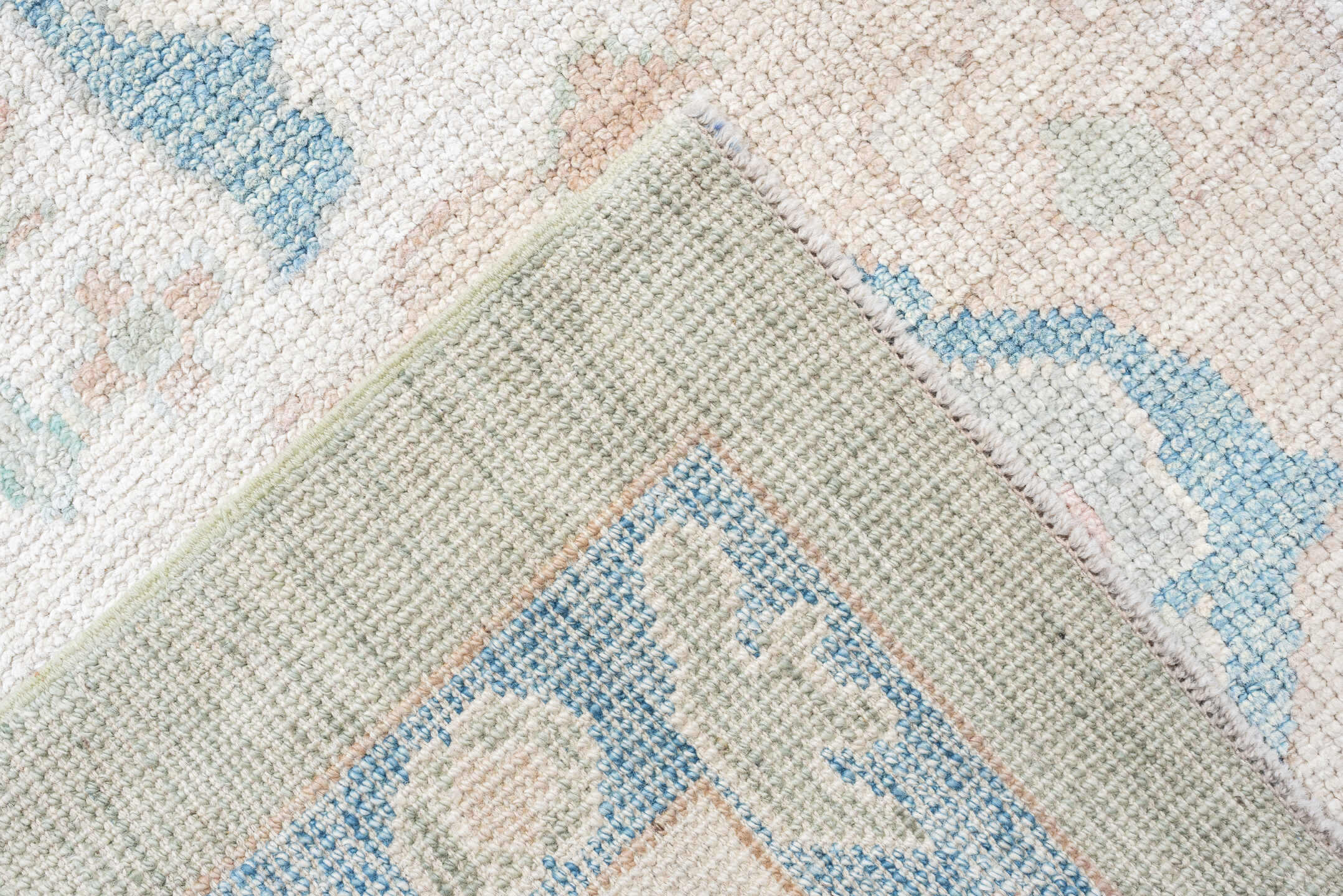 9' x 14' one-of-a-kind handmade vintage Oushak large size rug. Color palette: sage, ivory, sky blue, blush, taupe, cream