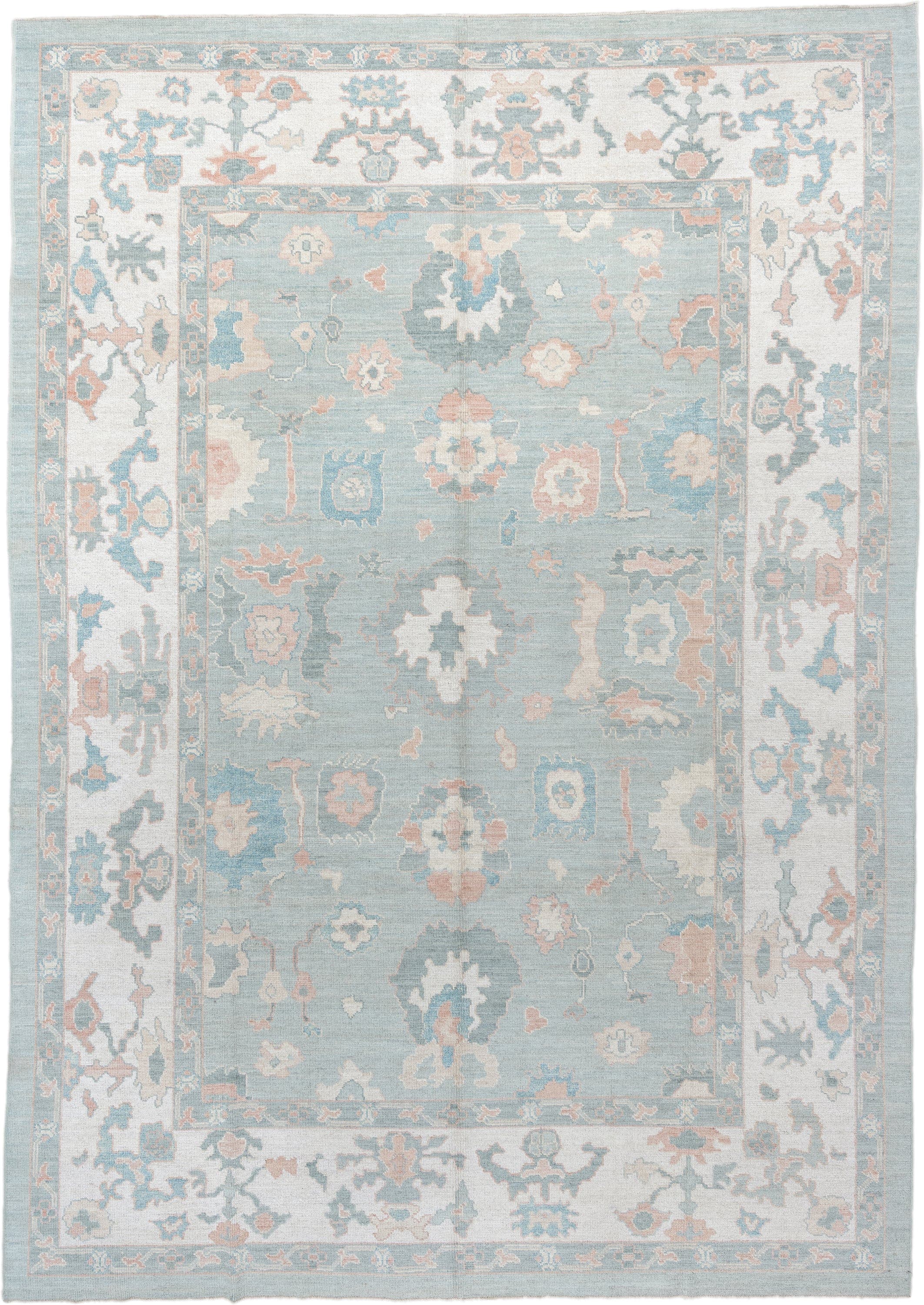 10' x 14' one-of-a-kind handmade vintage Oushak large size rug. Color palette: sky blue, ivory, blush, sage, taupe, peach
