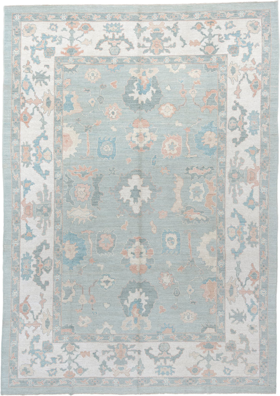 10' x 14' one-of-a-kind handmade vintage Oushak large size rug. Color palette: sky blue, ivory, blush, sage, taupe, peach