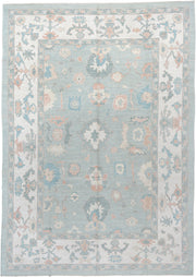 10' x 14' one-of-a-kind handmade vintage Oushak large size rug. Color palette: sky blue, ivory, blush, sage, taupe, peach