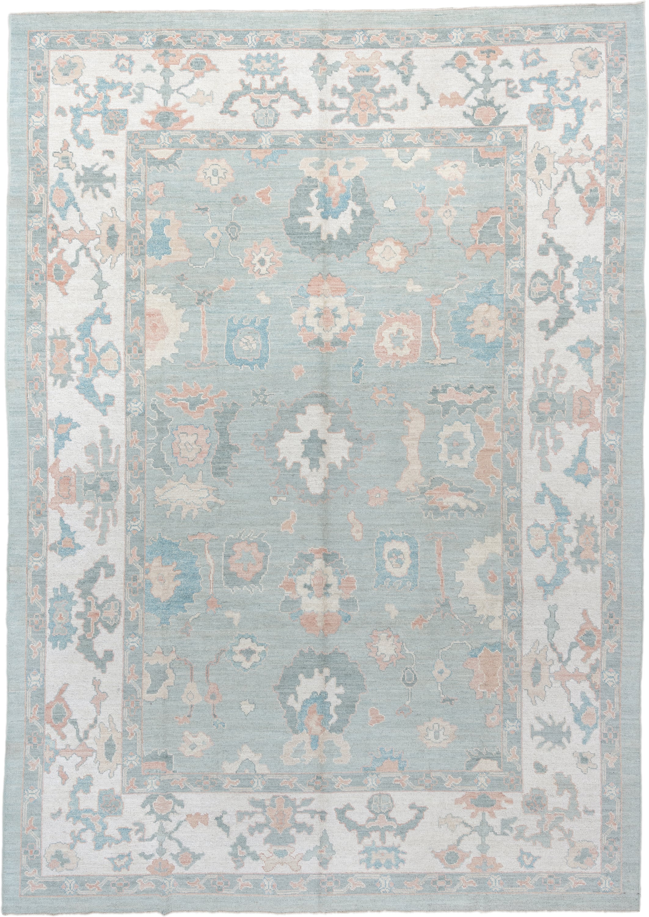 10' x 14' one-of-a-kind handmade vintage Oushak large size rug. Color palette: sky blue, ivory, blush, sage, taupe, peach