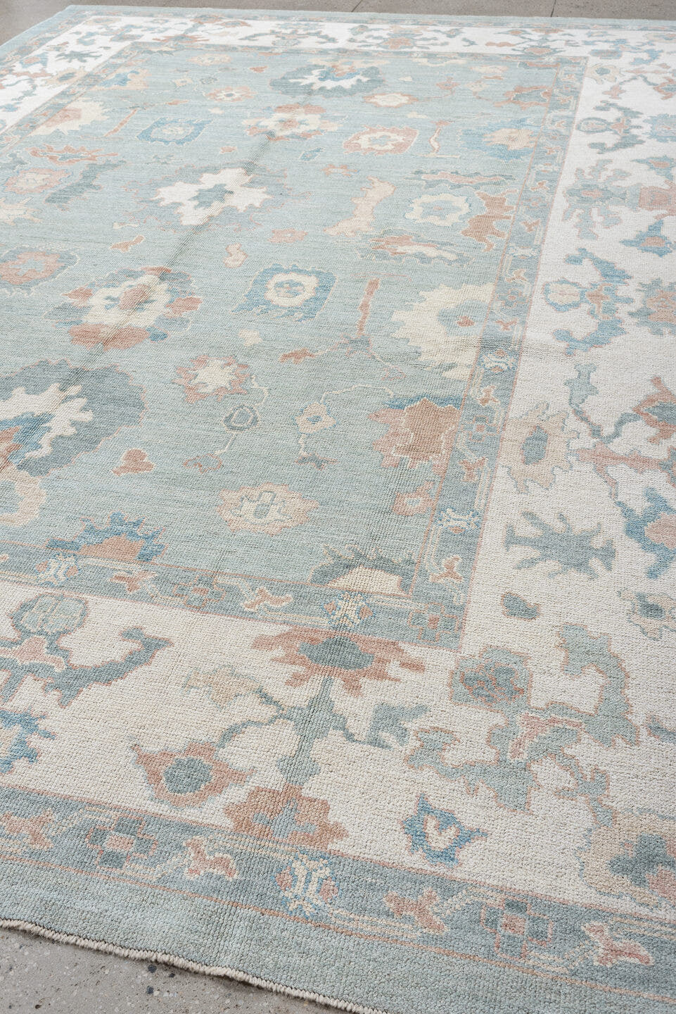 10' x 14' one-of-a-kind handmade vintage Oushak large size rug. Color palette: sky blue, ivory, blush, sage, taupe, peach