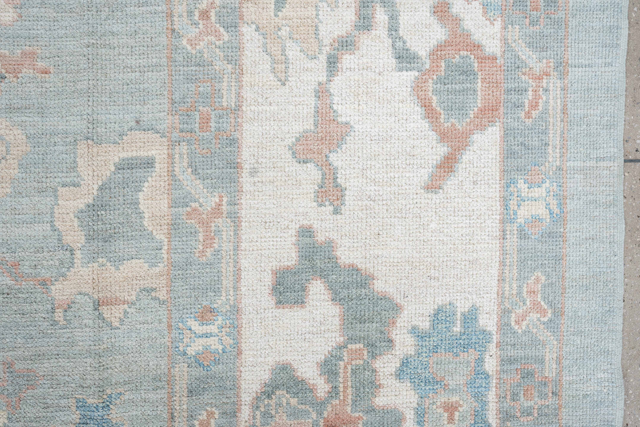 10' x 14' one-of-a-kind handmade vintage Oushak large size rug. Color palette: sky blue, ivory, blush, sage, taupe, peach