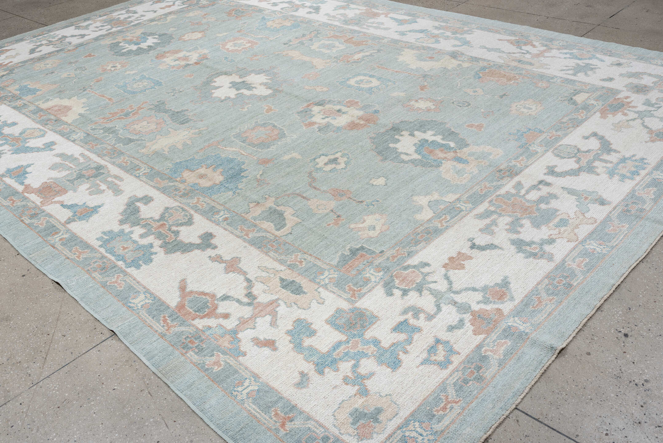 10' x 14' one-of-a-kind handmade vintage Oushak large size rug. Color palette: sky blue, ivory, blush, sage, taupe, peach