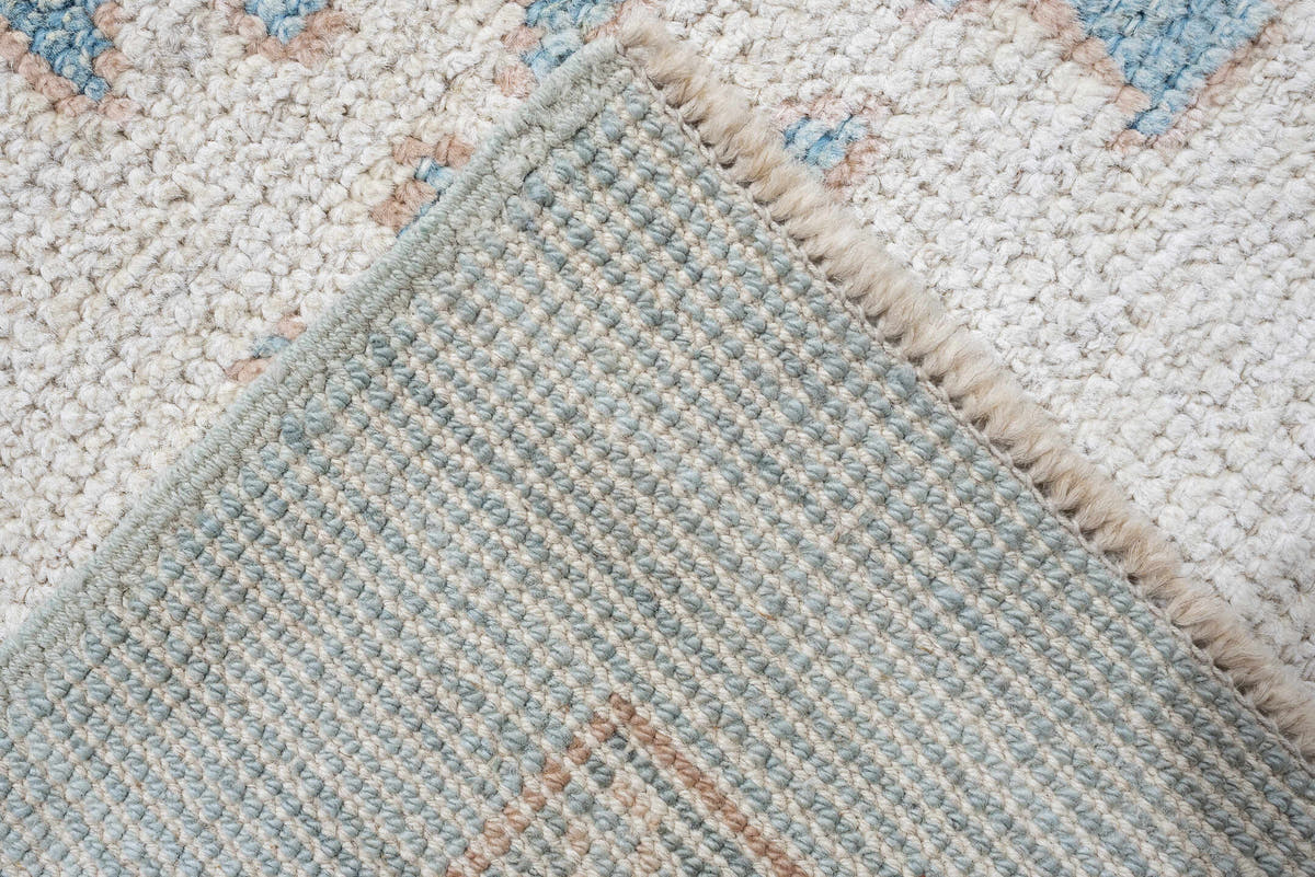 10' x 14' one-of-a-kind handmade vintage Oushak large size rug. Color palette: sky blue, ivory, blush, sage, taupe, peach