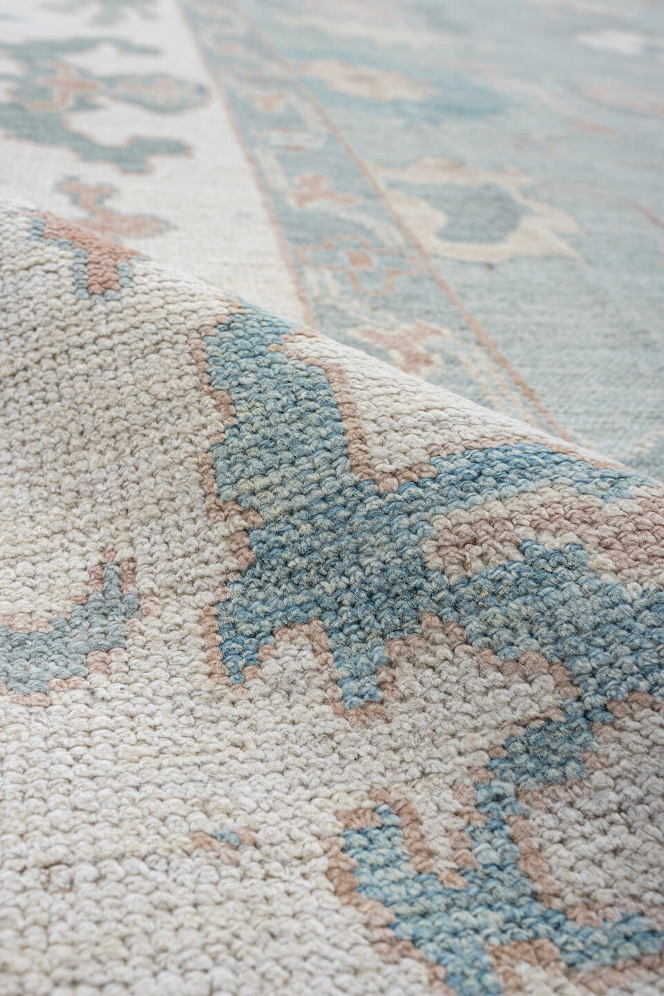 10' x 14' one-of-a-kind handmade vintage Oushak large size rug. Color palette: sky blue, ivory, blush, sage, taupe, peach