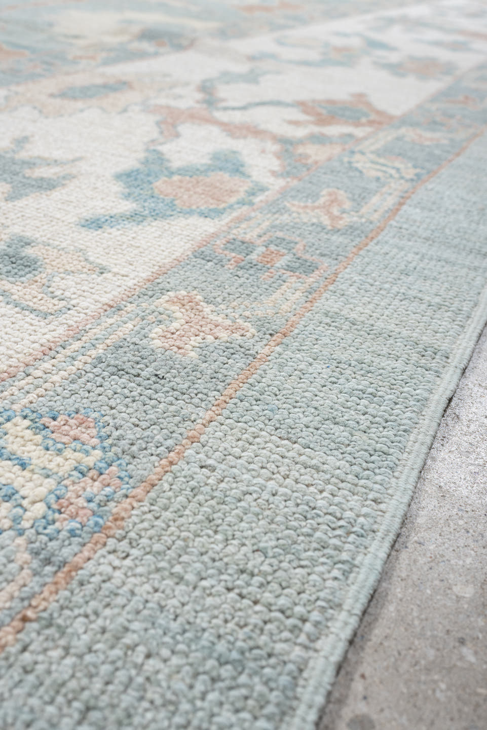 10' x 14' one-of-a-kind handmade vintage Oushak large size rug. Color palette: sky blue, ivory, blush, sage, taupe, peach