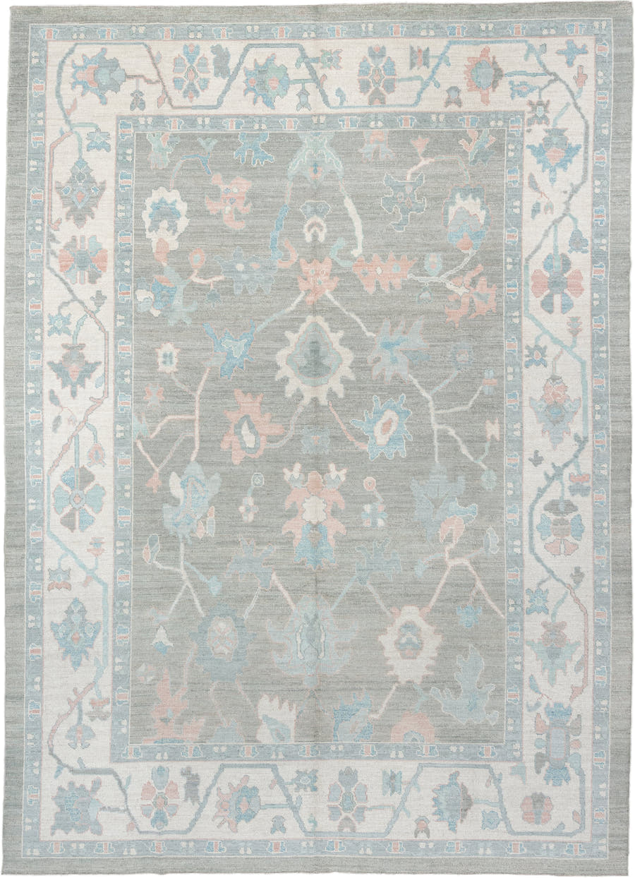 10' x 14' one-of-a-kind handmade vintage Oushak oversize rug. Color palette: gray, ivory, powder blue, blush, taupe