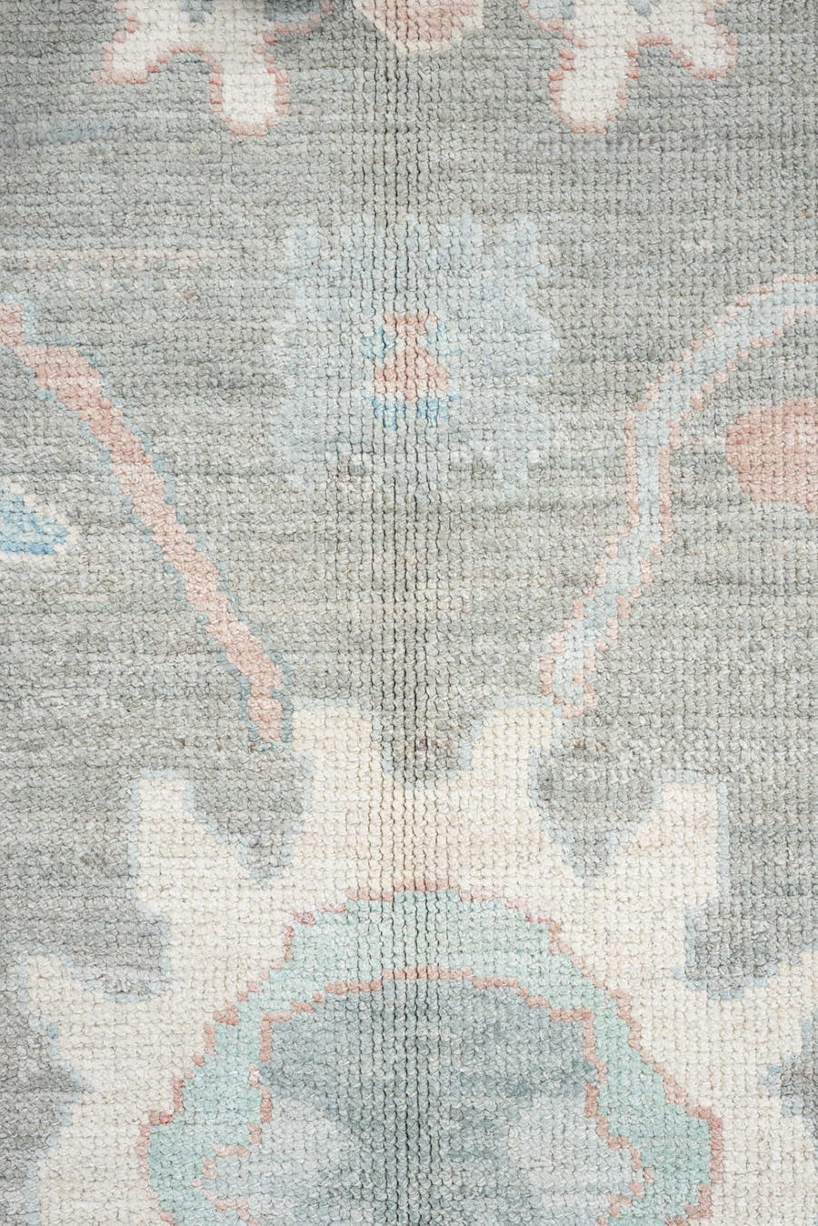 10' x 14' one-of-a-kind handmade vintage Oushak oversize rug. Color palette: gray, ivory, powder blue, blush, taupe