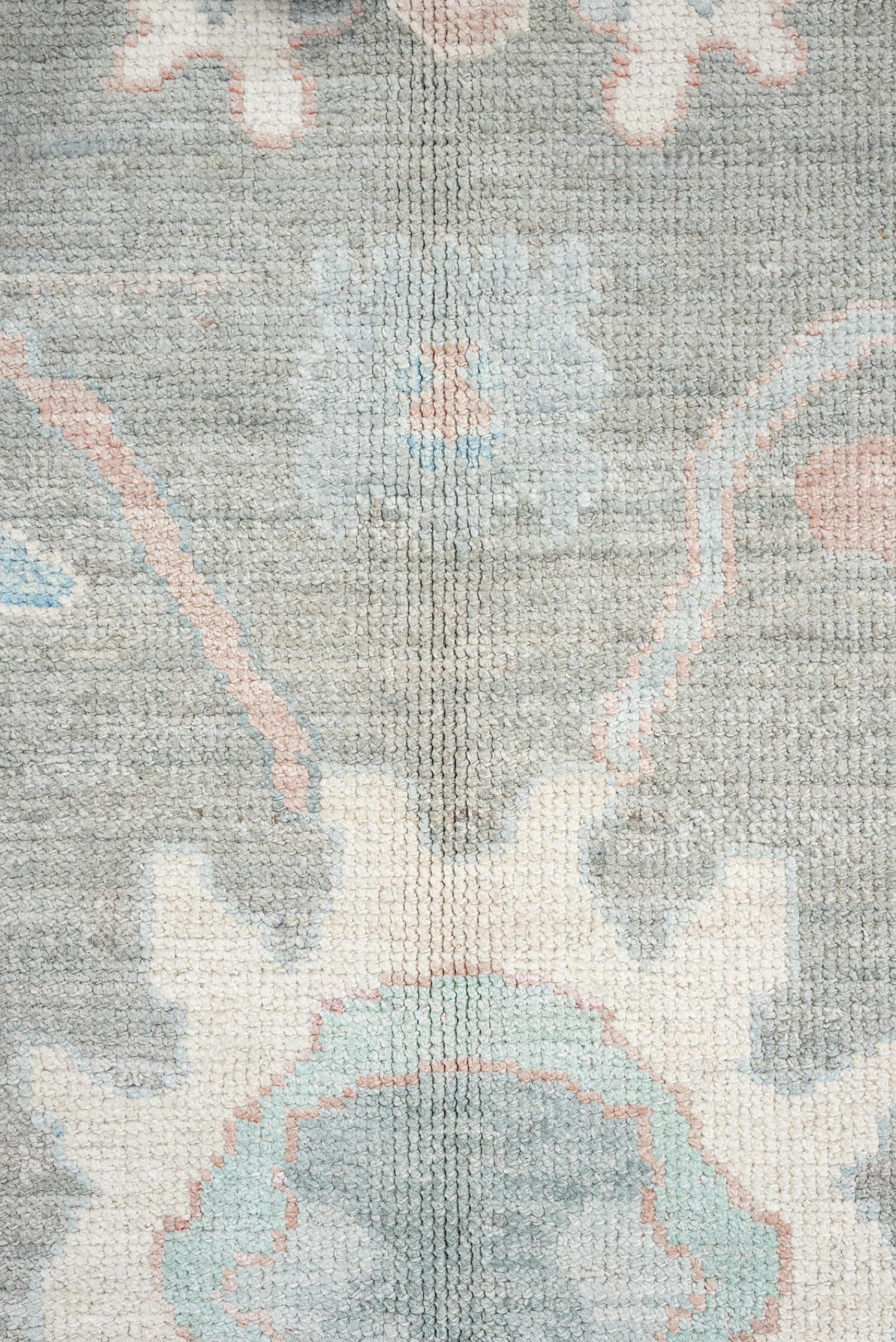 10' x 14' one-of-a-kind handmade vintage Oushak oversize rug. Color palette: gray, ivory, powder blue, blush, taupe