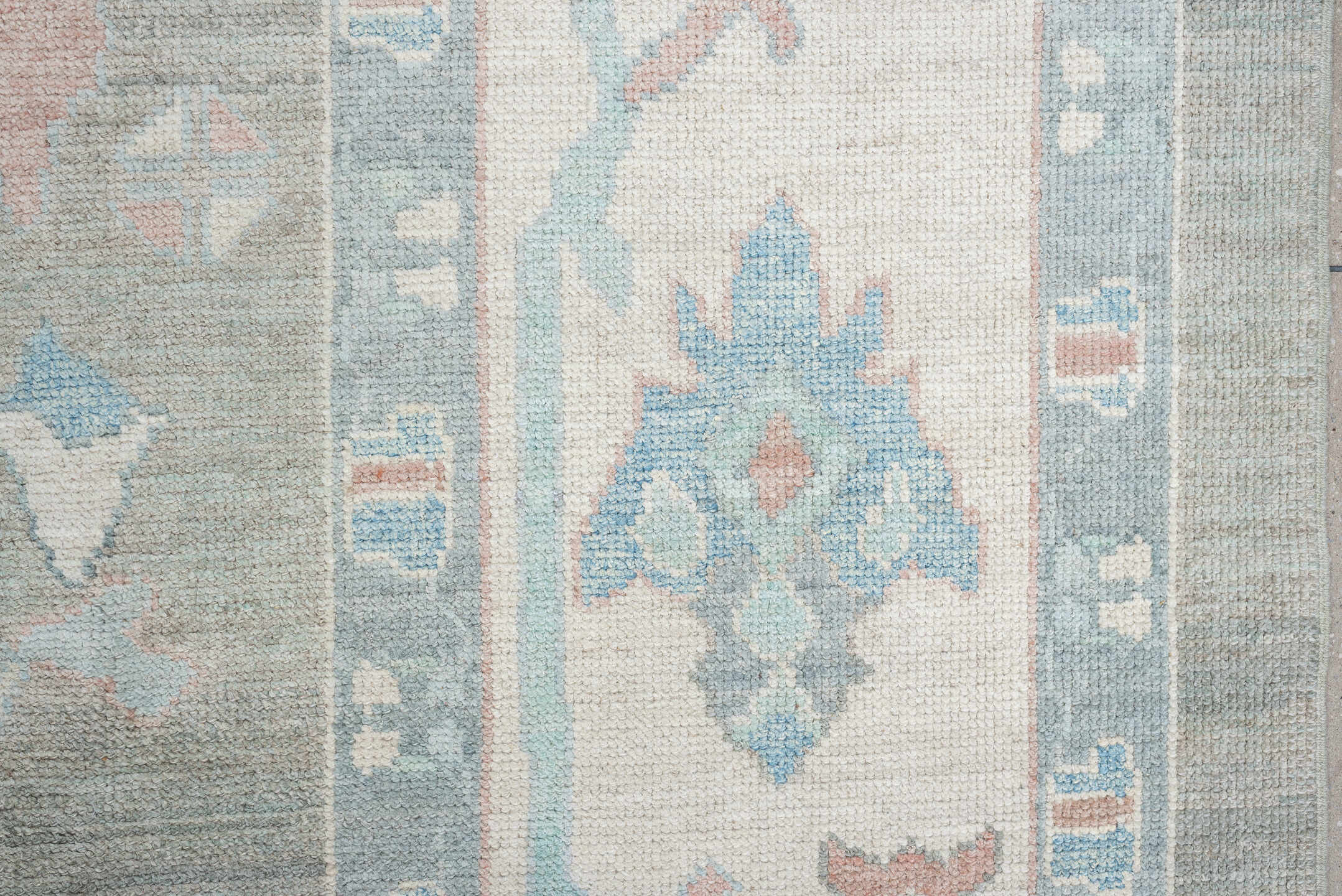 10' x 14' one-of-a-kind handmade vintage Oushak oversize rug. Color palette: gray, ivory, powder blue, blush, taupe