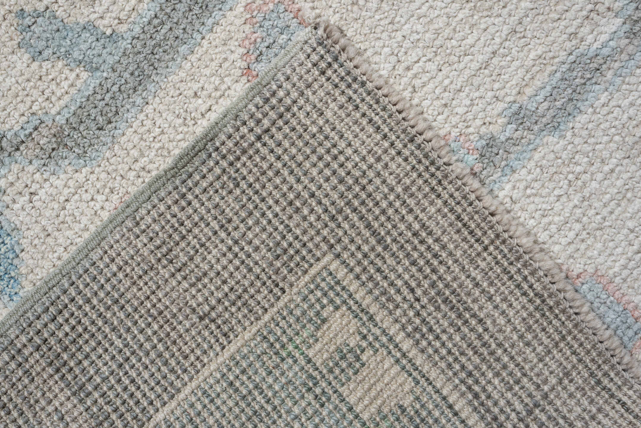 10' x 14' one-of-a-kind handmade vintage Oushak oversize rug. Color palette: gray, ivory, powder blue, blush, taupe