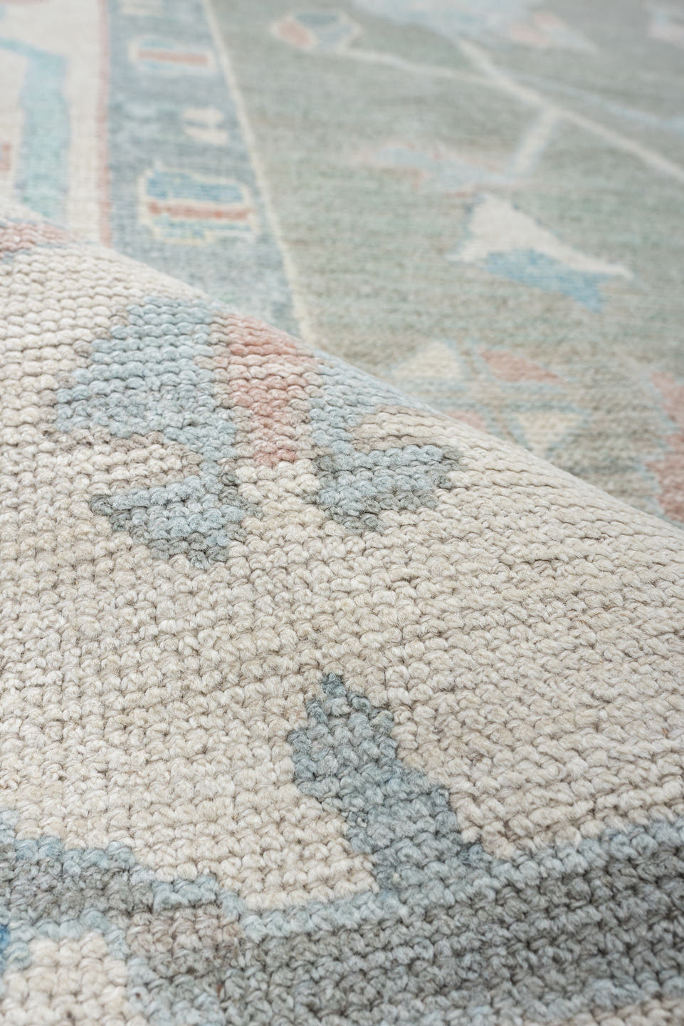 10' x 14' one-of-a-kind handmade vintage Oushak oversize rug. Color palette: gray, ivory, powder blue, blush, taupe