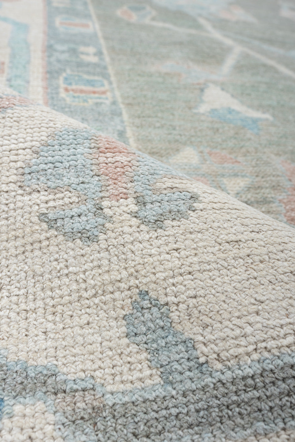 10' x 14' one-of-a-kind handmade vintage Oushak oversize rug. Color palette: gray, ivory, powder blue, blush, taupe