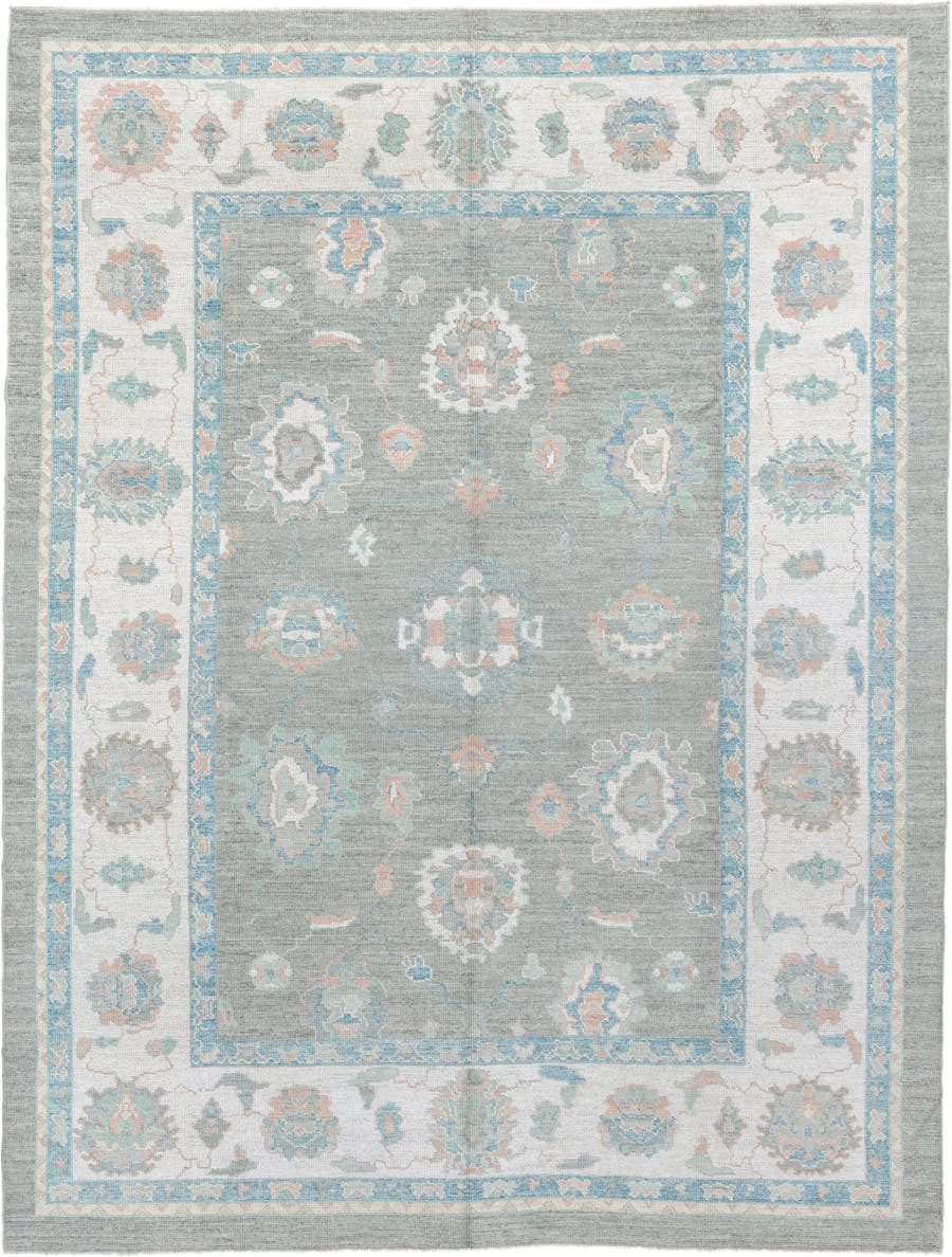 9' x 12' one-of-a-kind handmade vintage Oushak large size rug. Color palette: gray, ivory, sky blue, sage, blush, taupe