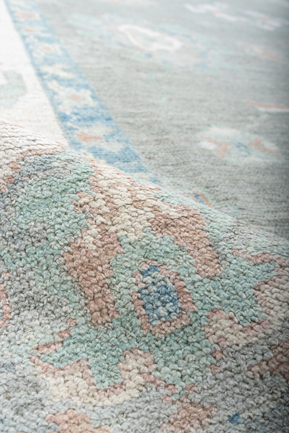 9' x 12' one-of-a-kind handmade vintage Oushak large size rug. Color palette: gray, ivory, sky blue, sage, blush, taupe